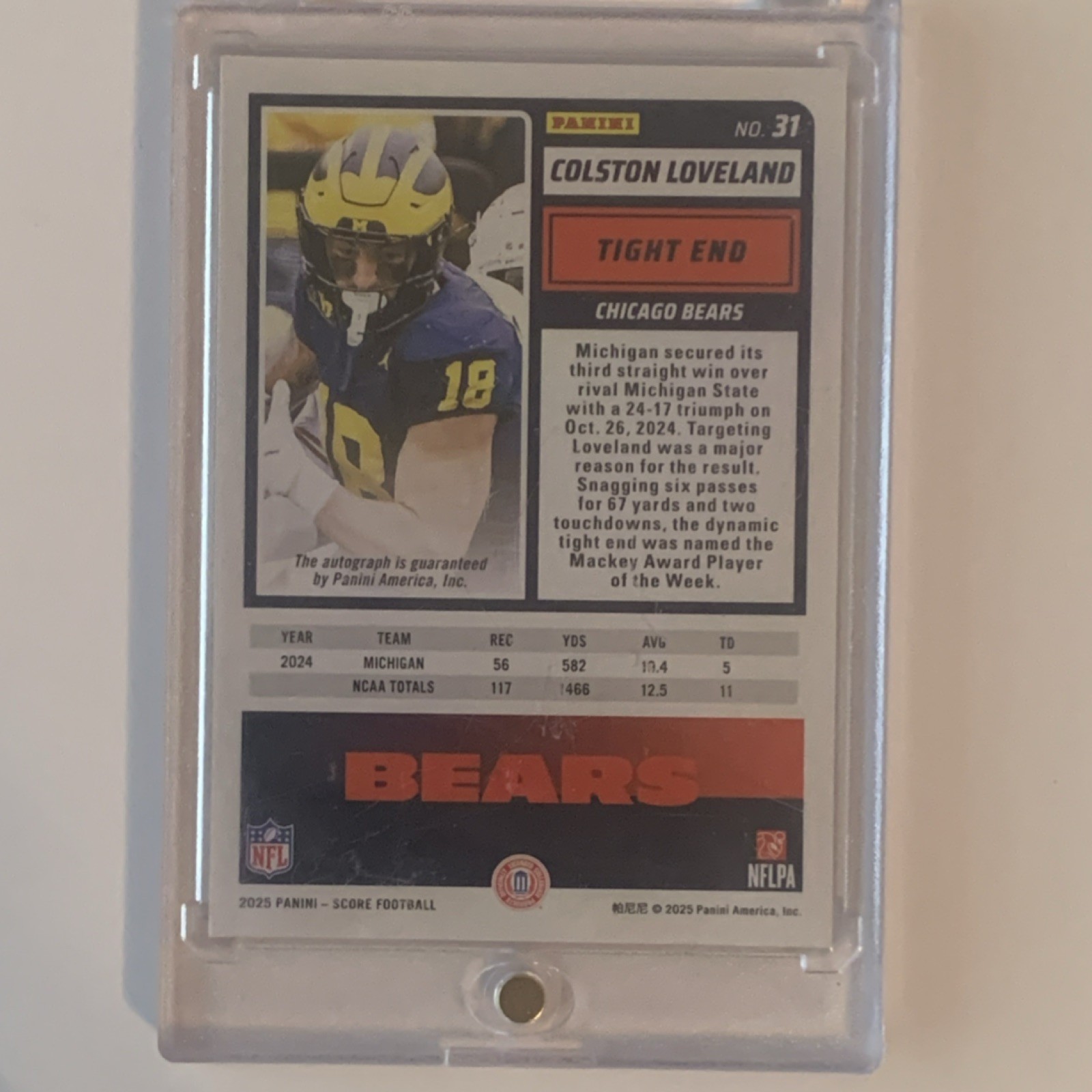 CHANCE at Panini 2025 Score Rookie Autograph Colston Loveland Chicago Bears