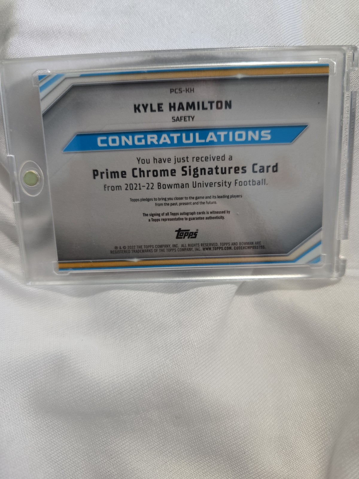 2021-22 Bowman University #PCS-KH Kyle Hamilton Prime Chrome Signatures #/50
