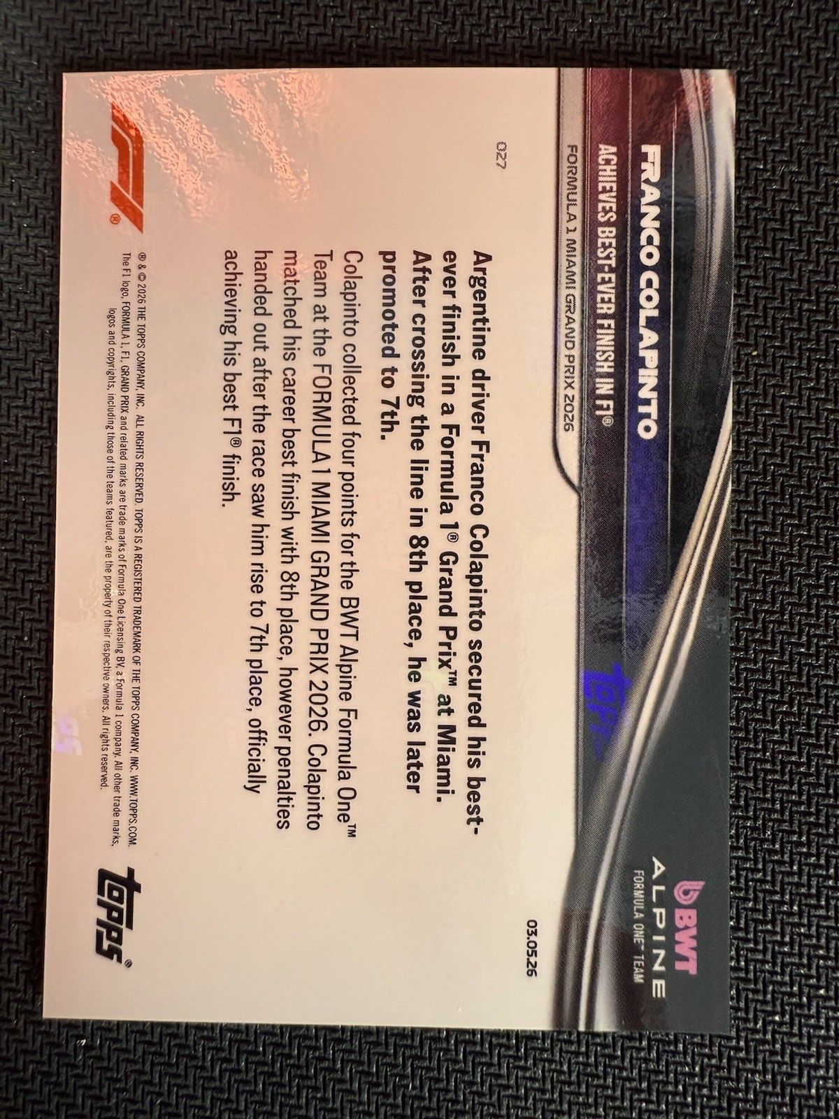 2026 Topps Now Franco Colapinto Miami GP Best Finish F1 Card #027