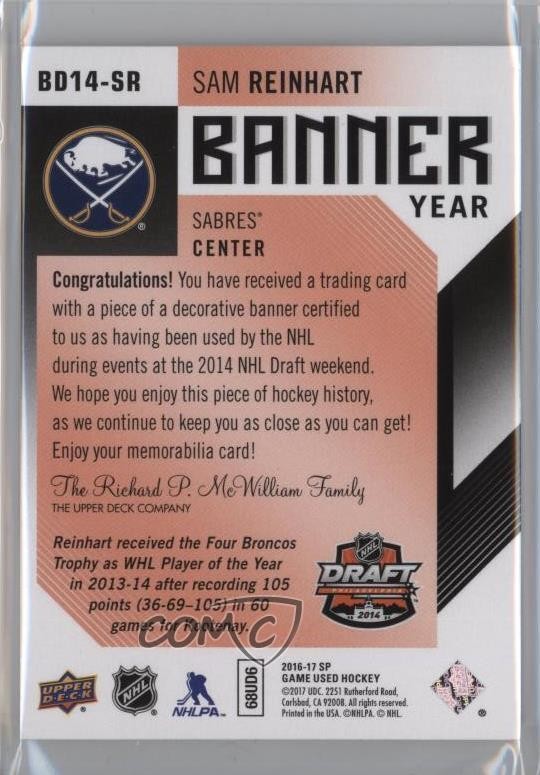 2016-17 SP Game Used Banner Year Draft Year 2014 Sam Reinhart #BD14-SR 04zi