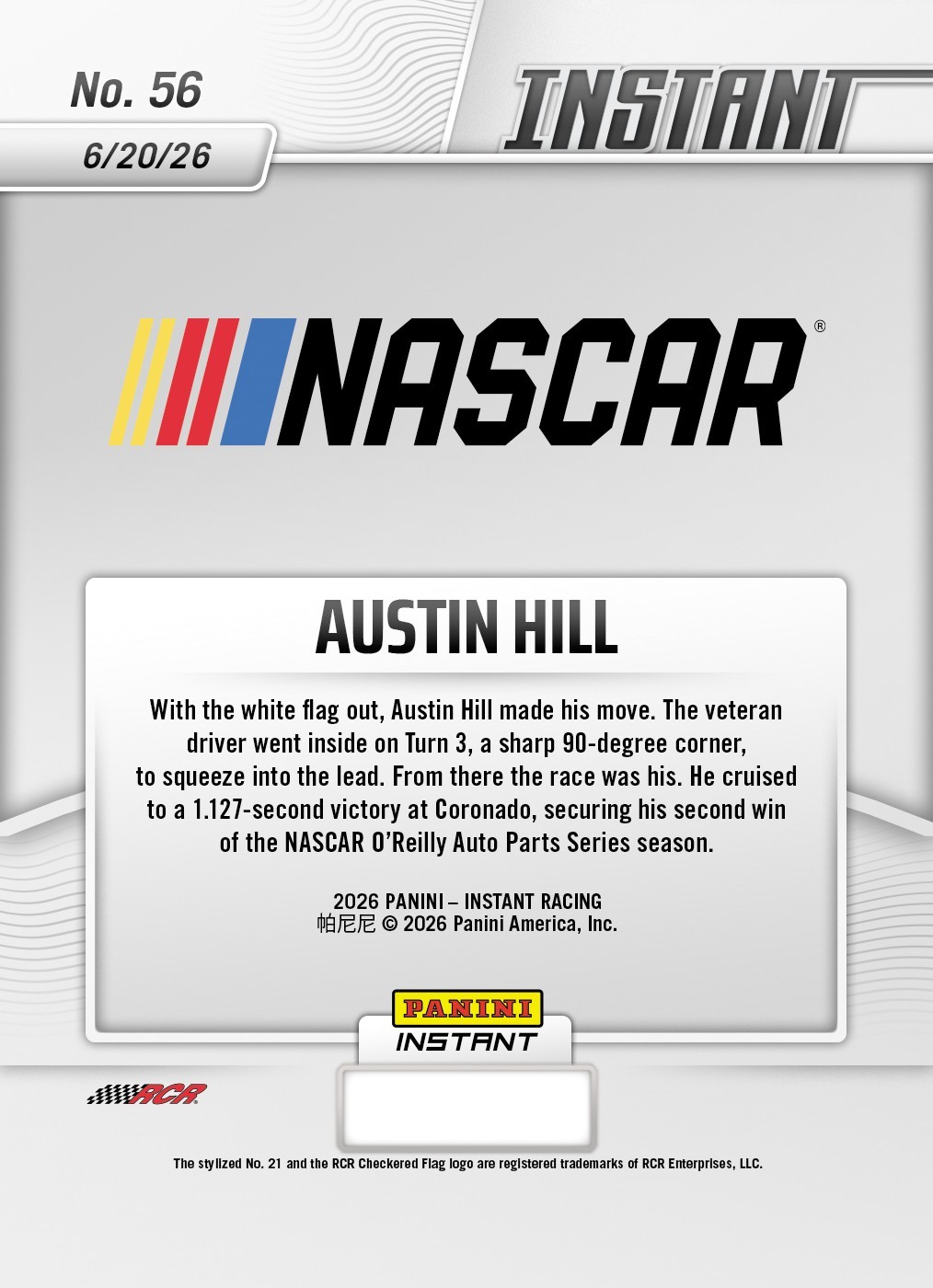 2026 Panini Instant NASCAR #56 Austin Hill Richard Childress Racing PRESALE