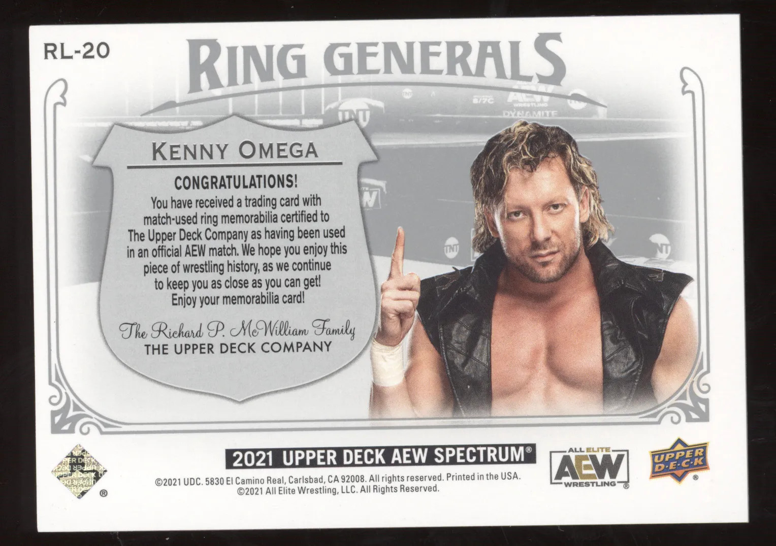 2021 Upper Deck AEW Spectrum Ring Generals Kenny Omega #RL-20 49/50 Triple Relic