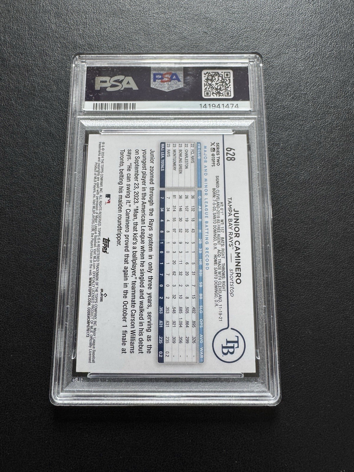 2024 Topps Junior Caminero Black Crackle Foil Board #628 Rookie RC PSA 9 Mint
