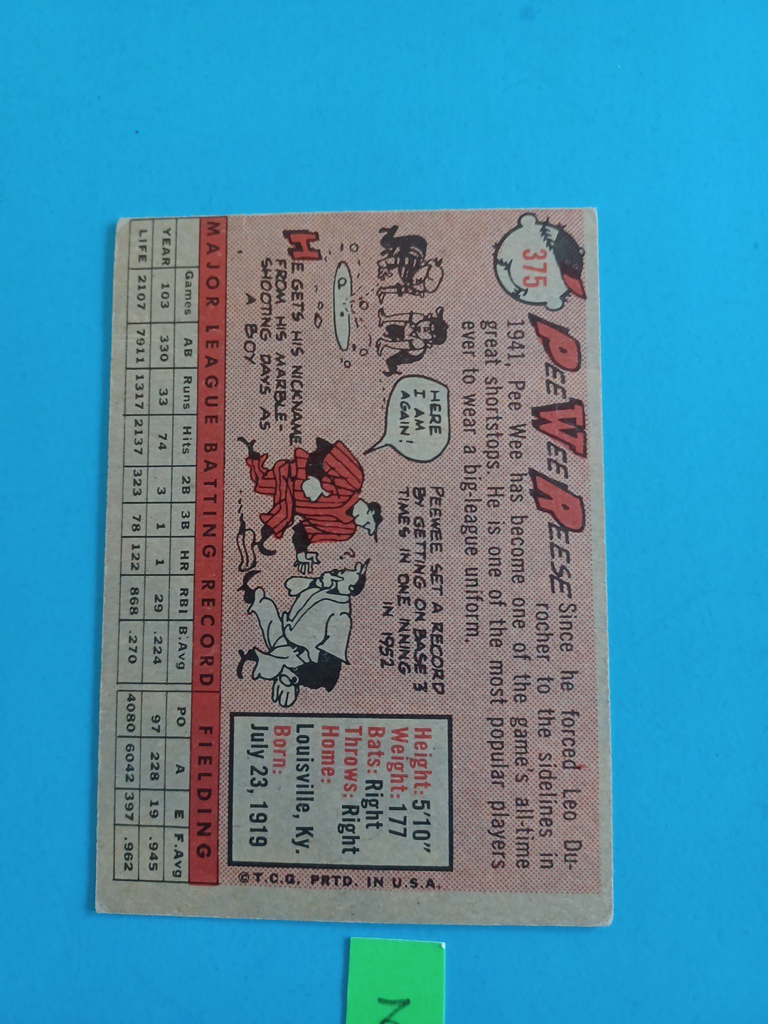 1958 Topps Baseball Card 375 Pee Wee Reese VG-EX