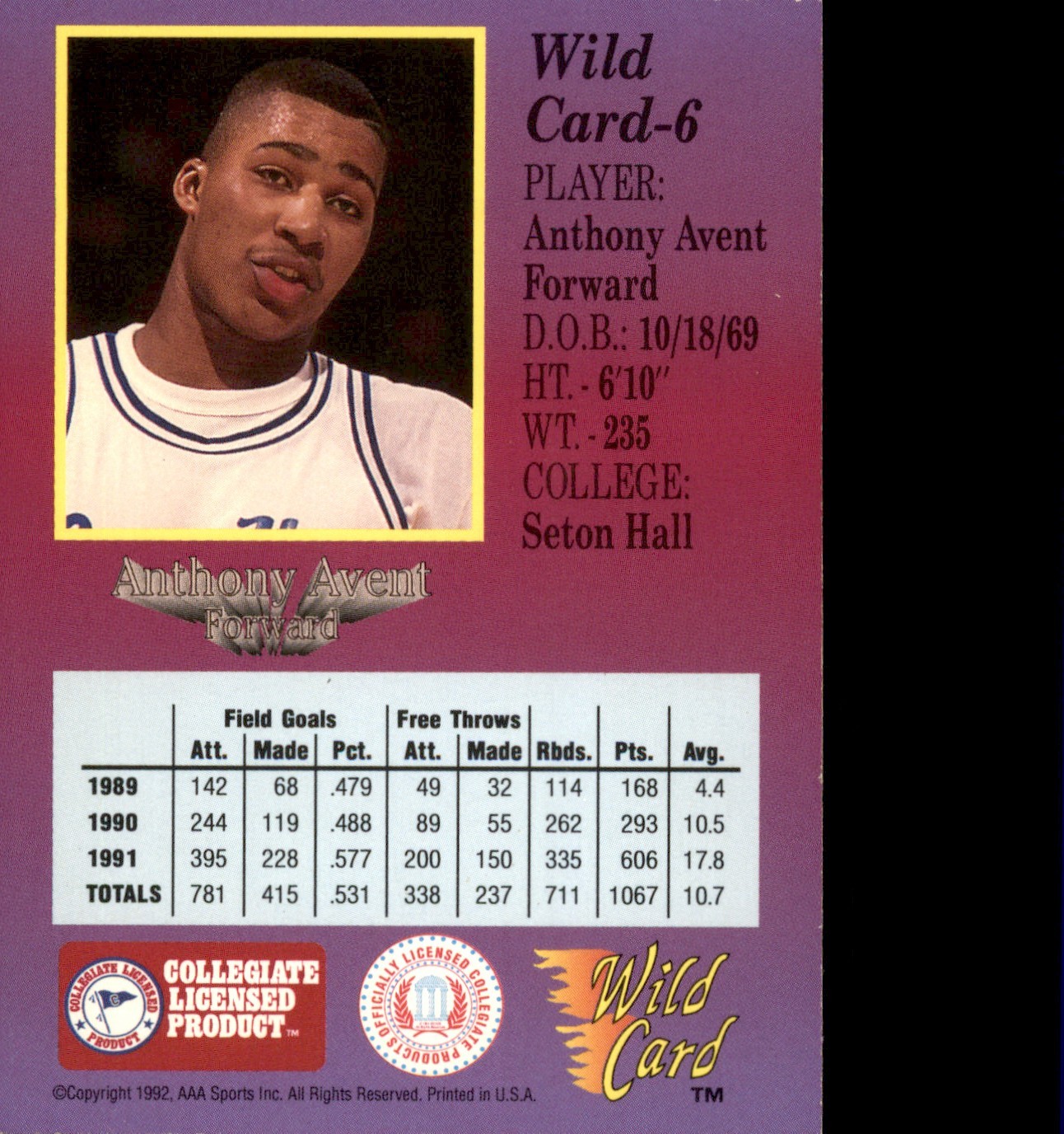 1991-92 Wild Card Anthony Avent #6 AAA Sports 1st Edition