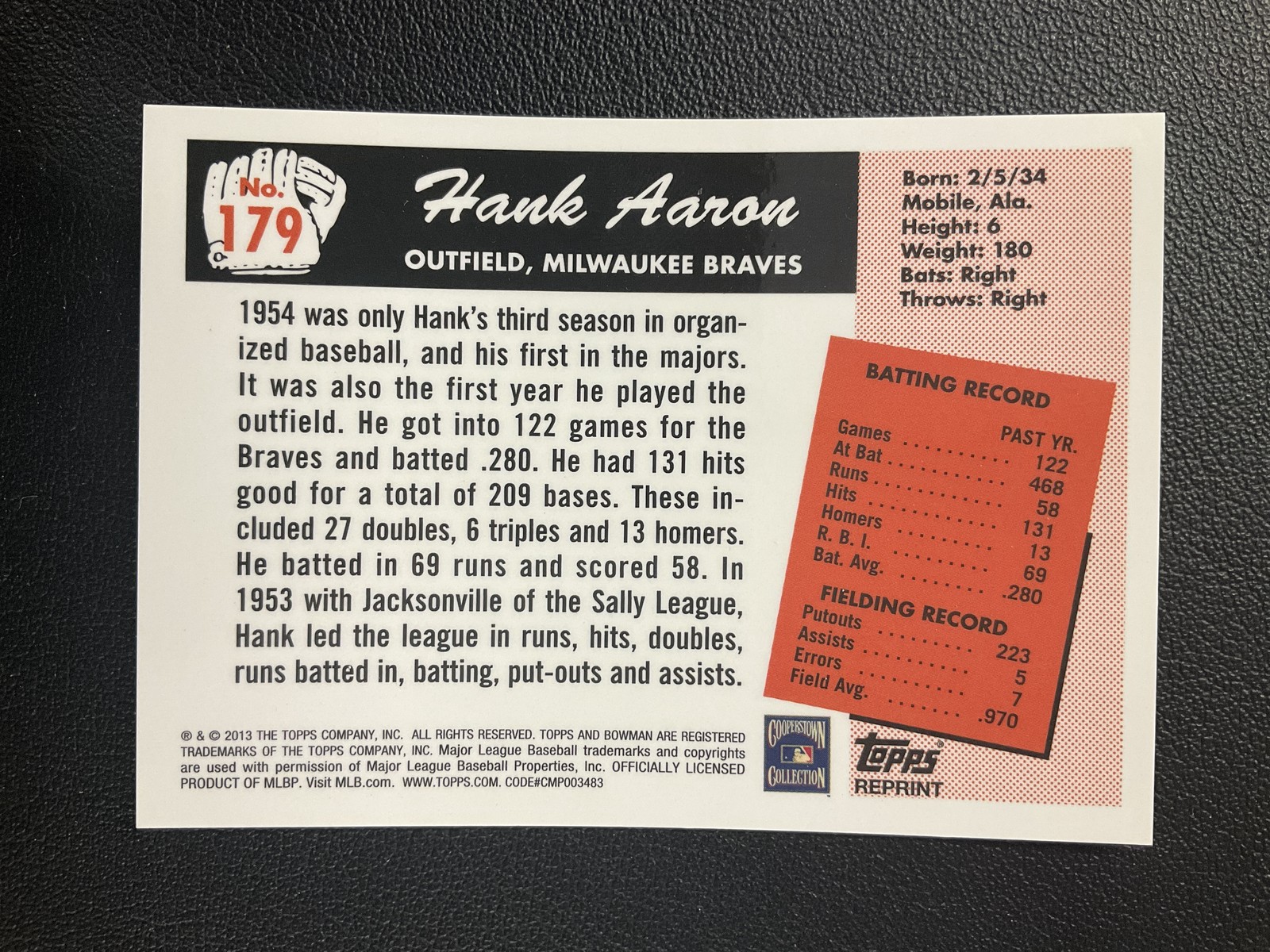 2013 Bowman #179 Hank Aaron Blue Sapphire Refractor Rookie Reprints Braves