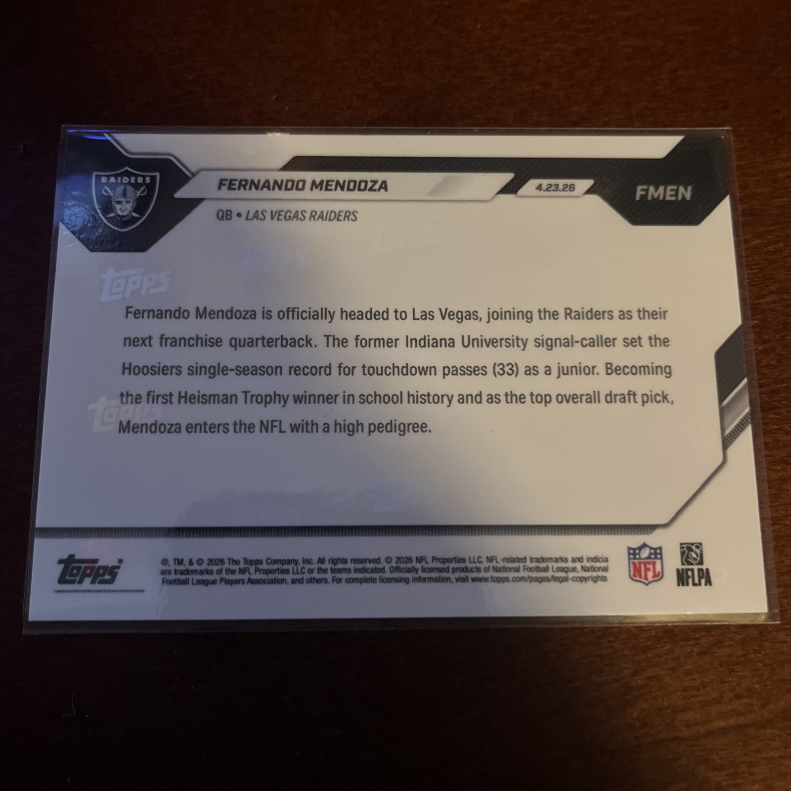 Fernando Mendoza Rookie 2026 Topps Now Draft Night #FMEN Las Vegas Raiders RC