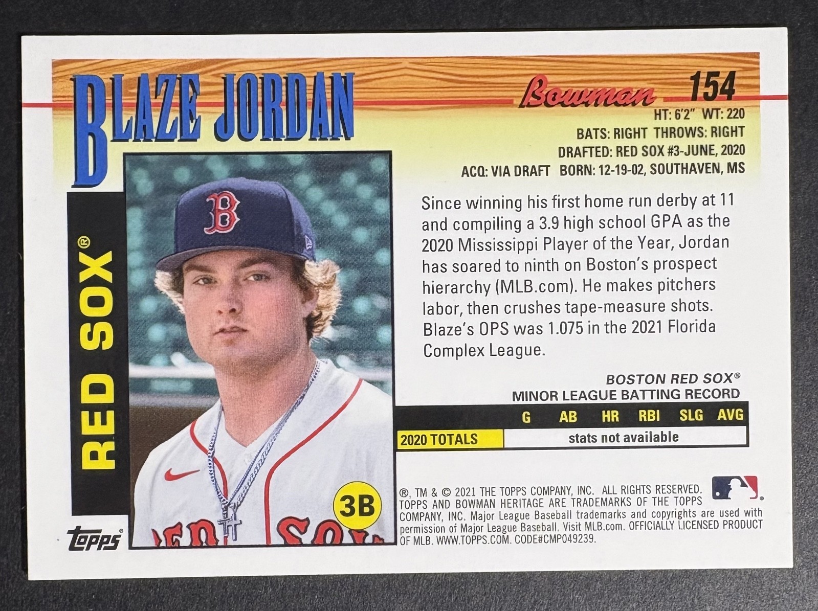 2021 BLAZE JORDAN Bowman Chrome Heritage Orange Refractor Rookie RC #154, #1/25