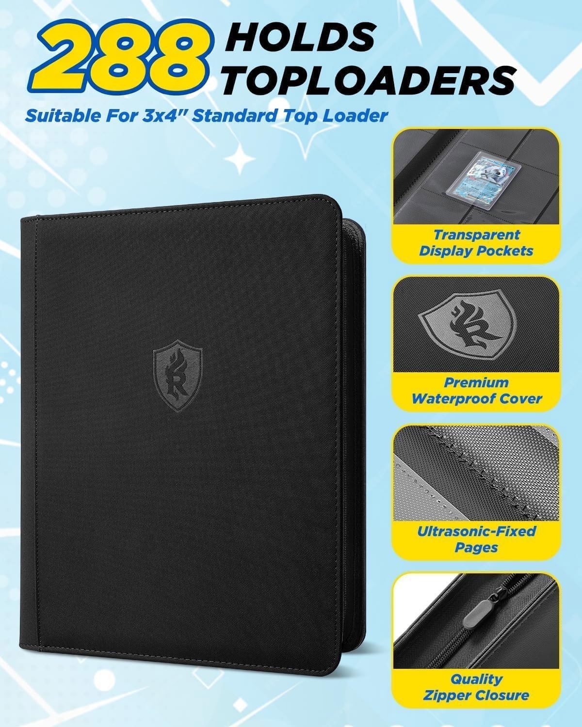 9 Pocket Toploader Binder Holds 288 Cards Zipper Trading Card Album