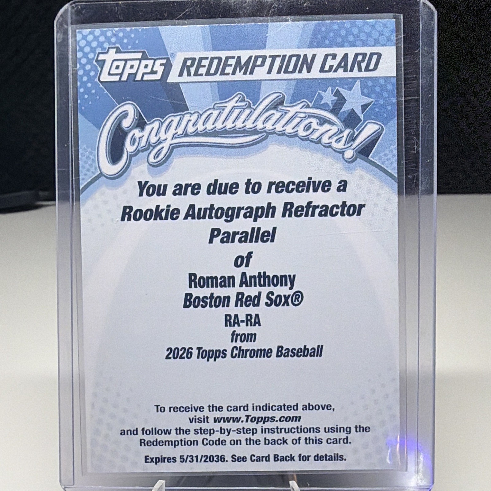 2026 Topps Chrome – Roman Anthony Rookie Autograph Refractor Redemption #RA-RA