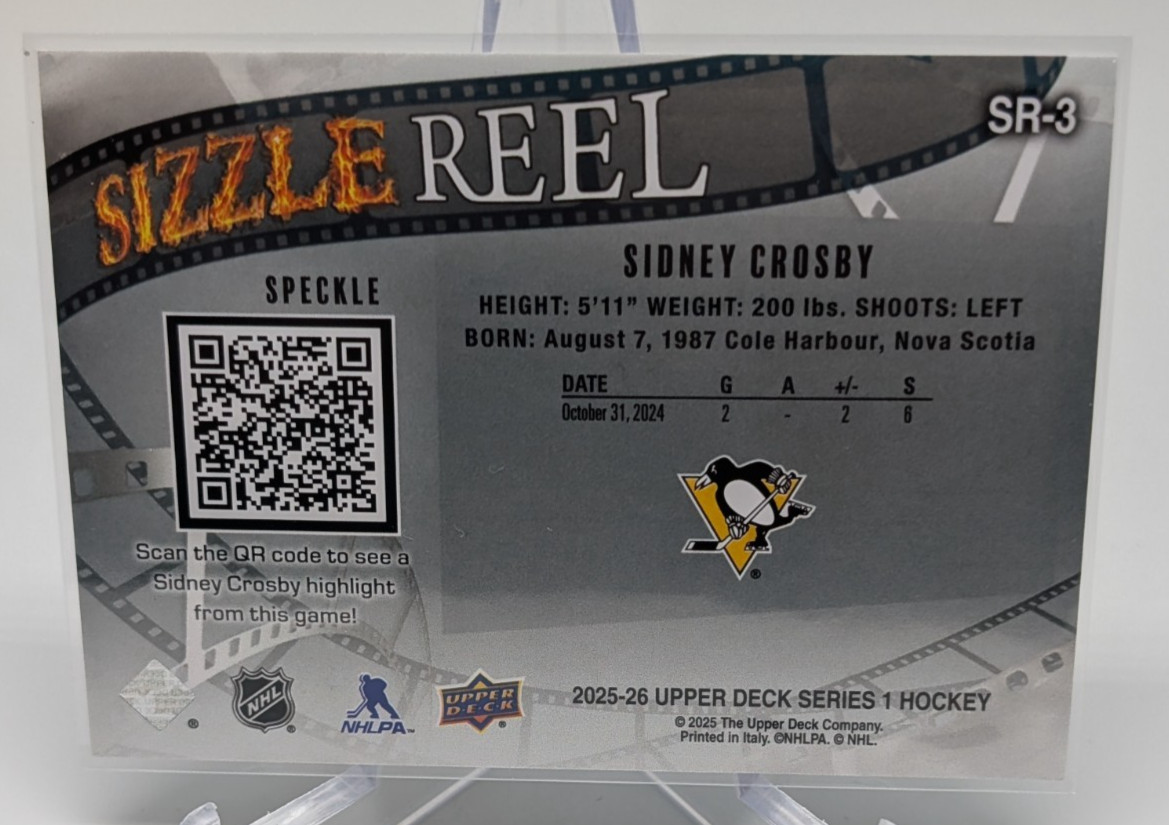 2025-26 Upper Deck Series 1 #SR-3 Sidney Crosby Speckle Sizzle Reel Penguins