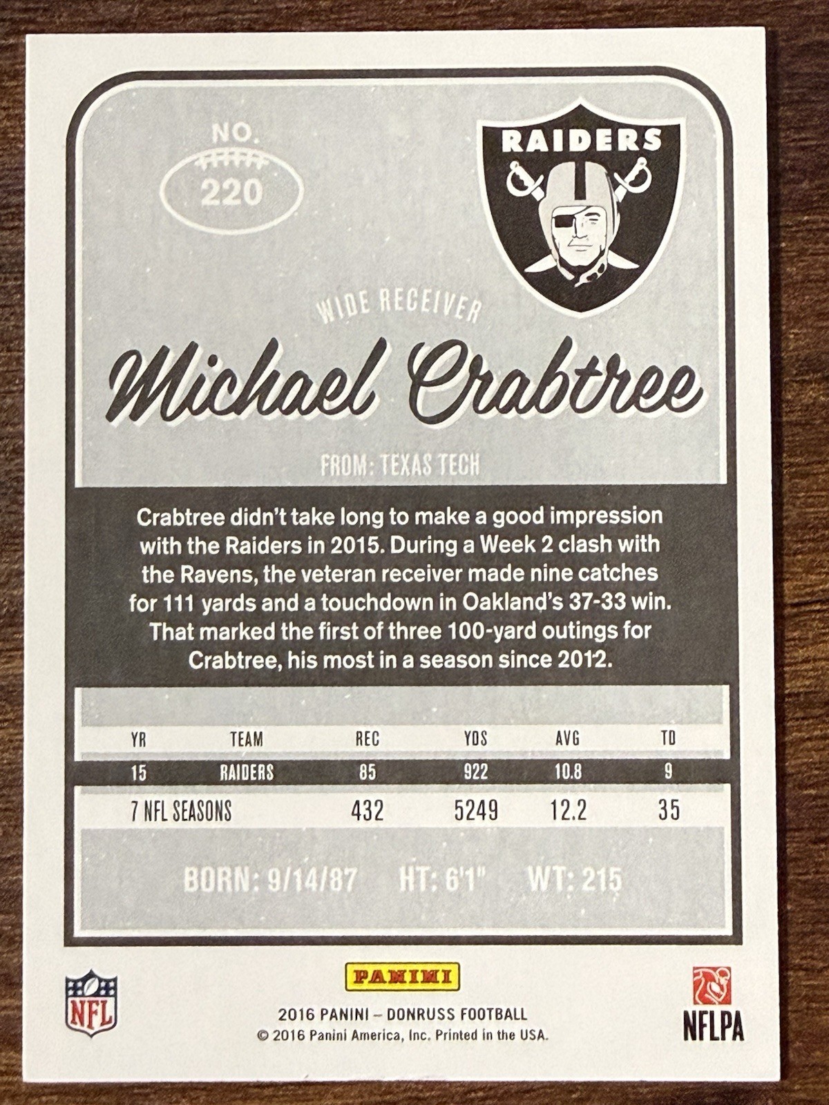 2016 Donruss Michael Crabtree /100 Silver Press Proof #220 Raiders Color Match