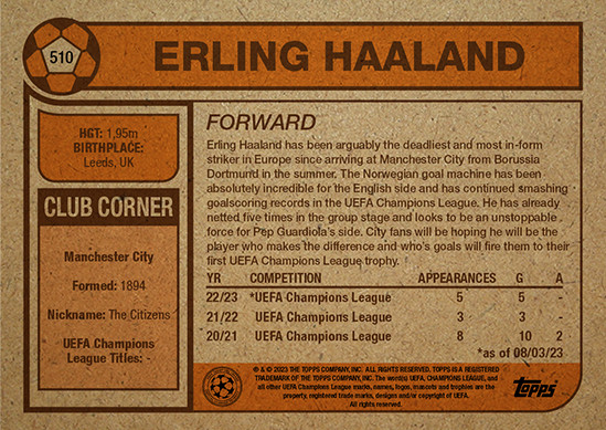 ERLING HAALAND 2023 UEFA Topps Living Set Card #510 Print Run 8072🔥 Manchester