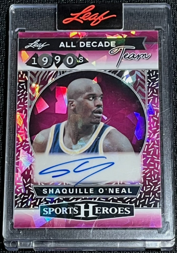 Shaquille O’Neal 5/5 on card Auto Leaf 1990’s All Decade Team Purple Cracked Ice