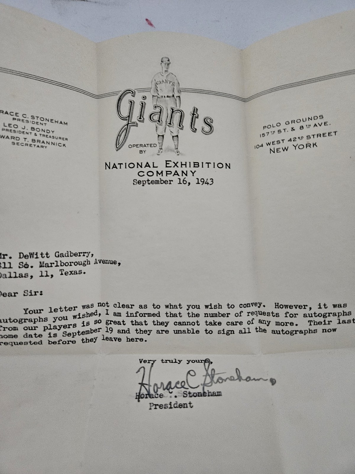 Original 1943 NY Giants Baseball Horace Stoneham Letter