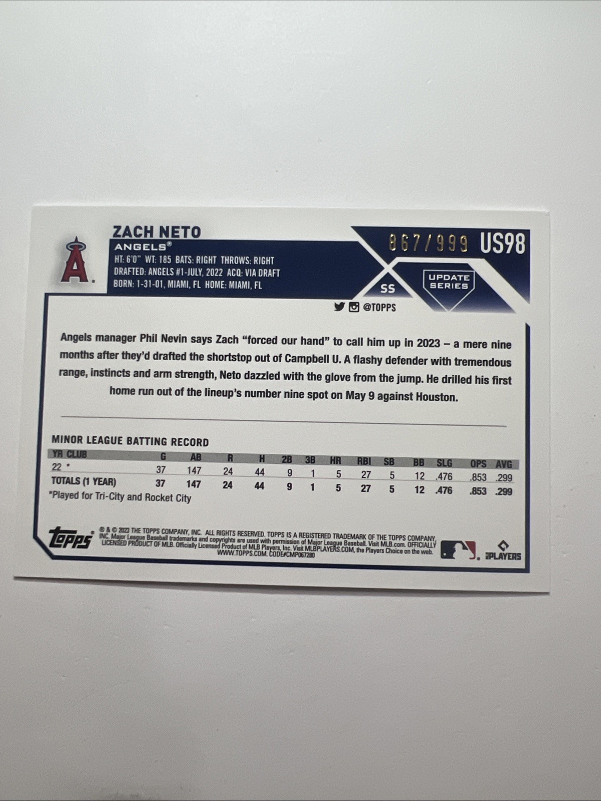 2023 Topps Update Series – Zach Neto #US98 Blue Foil /999 (RC)