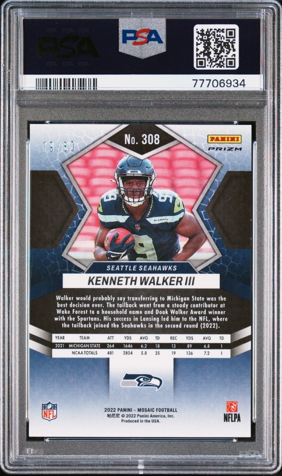 2022 Panini Mosaic – Rookies Kenneth Walker III #308 Choice Fusion Red & Yellow