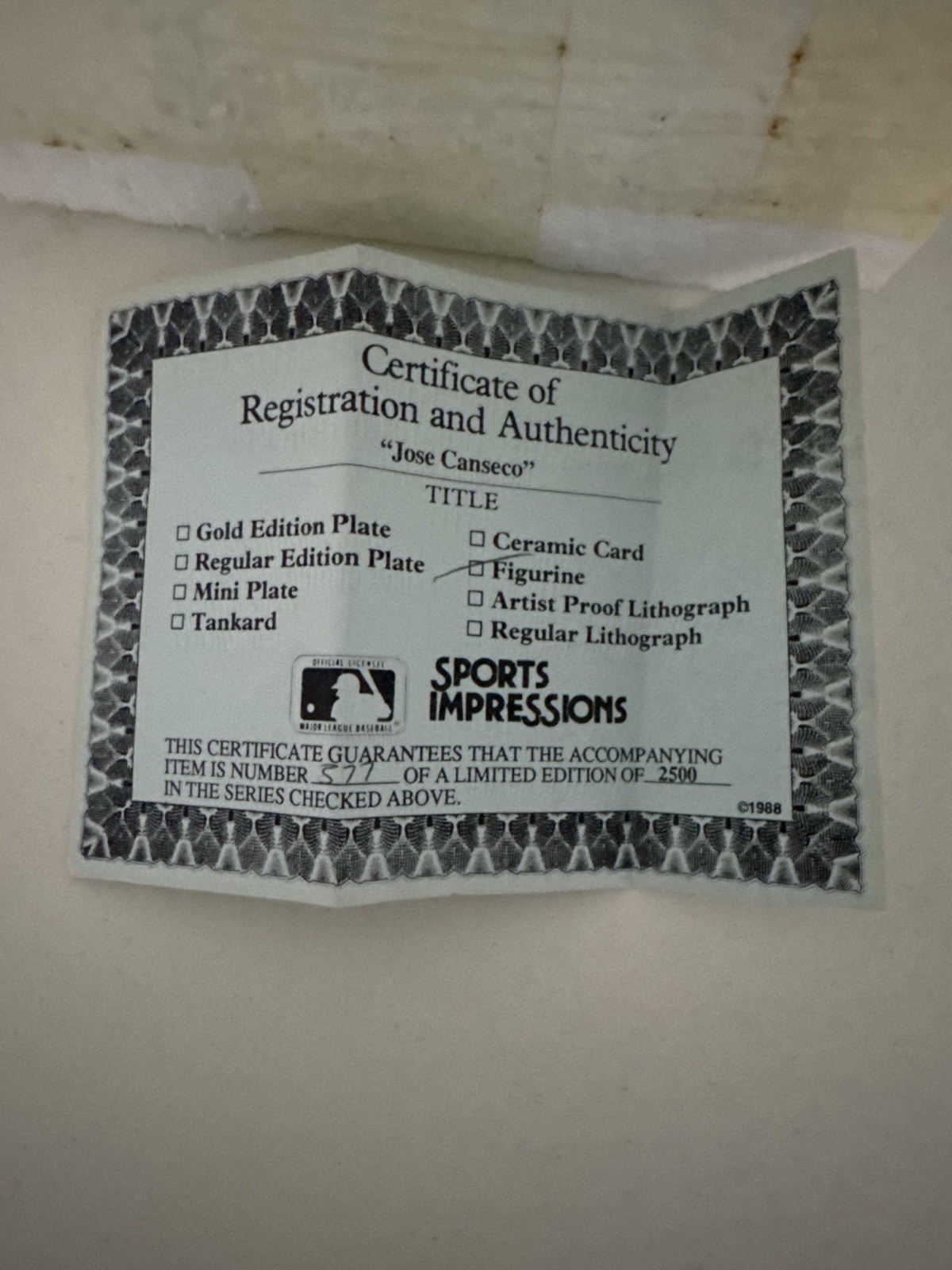 Jose Canseco Sports Impressions Limited Edition Figurine #577/2500 MLB 1989