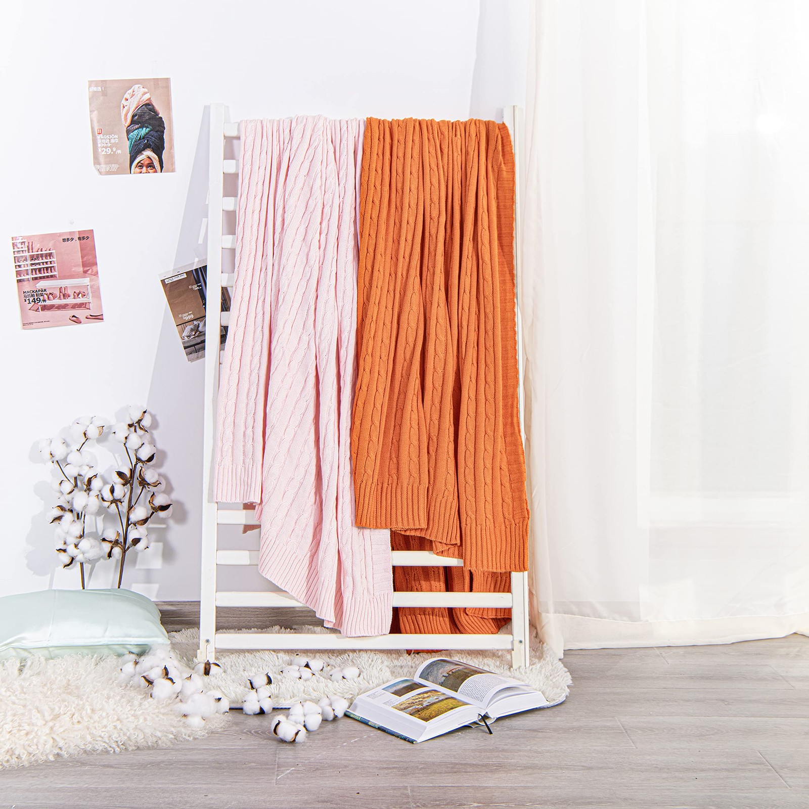 NTBAY 100% Pure Cotton Cable Knit Throw Blanket, Throw(51″x67″), Baby Pink