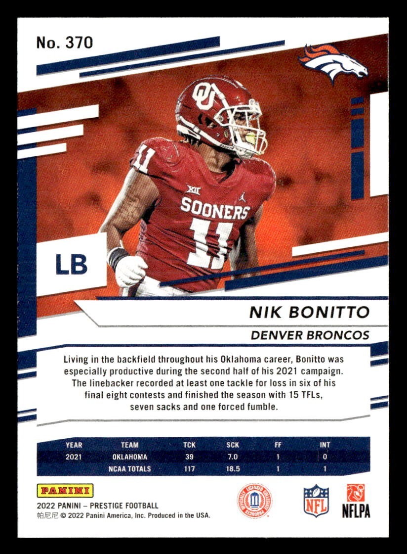 Nik Bonitto 2022 Panini Prestige Rookie Card #370 Oklahoma Sooners