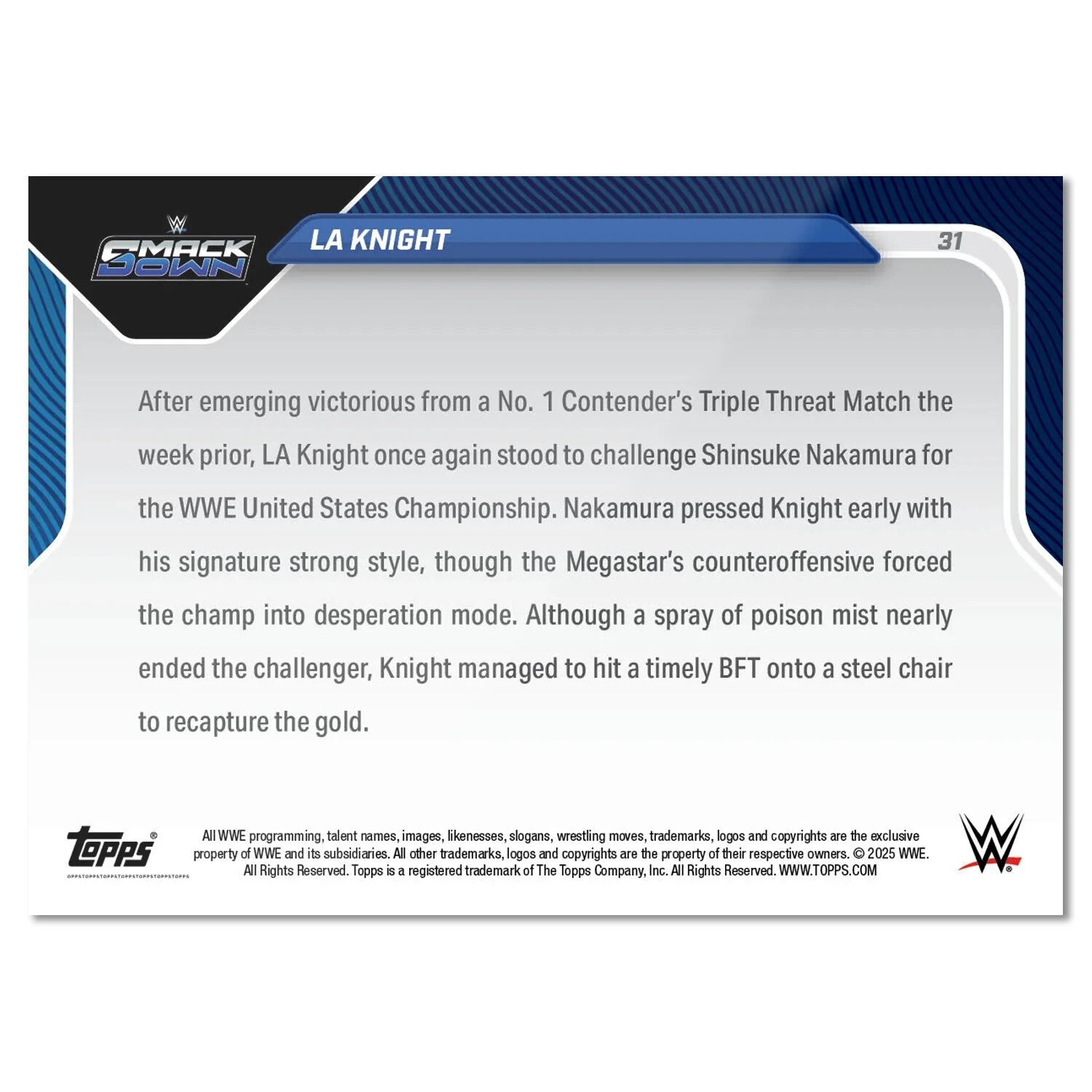 2025 Topps NOW WWE 31 LA KNIGHT RECLAIMS US TITLE IN HAND