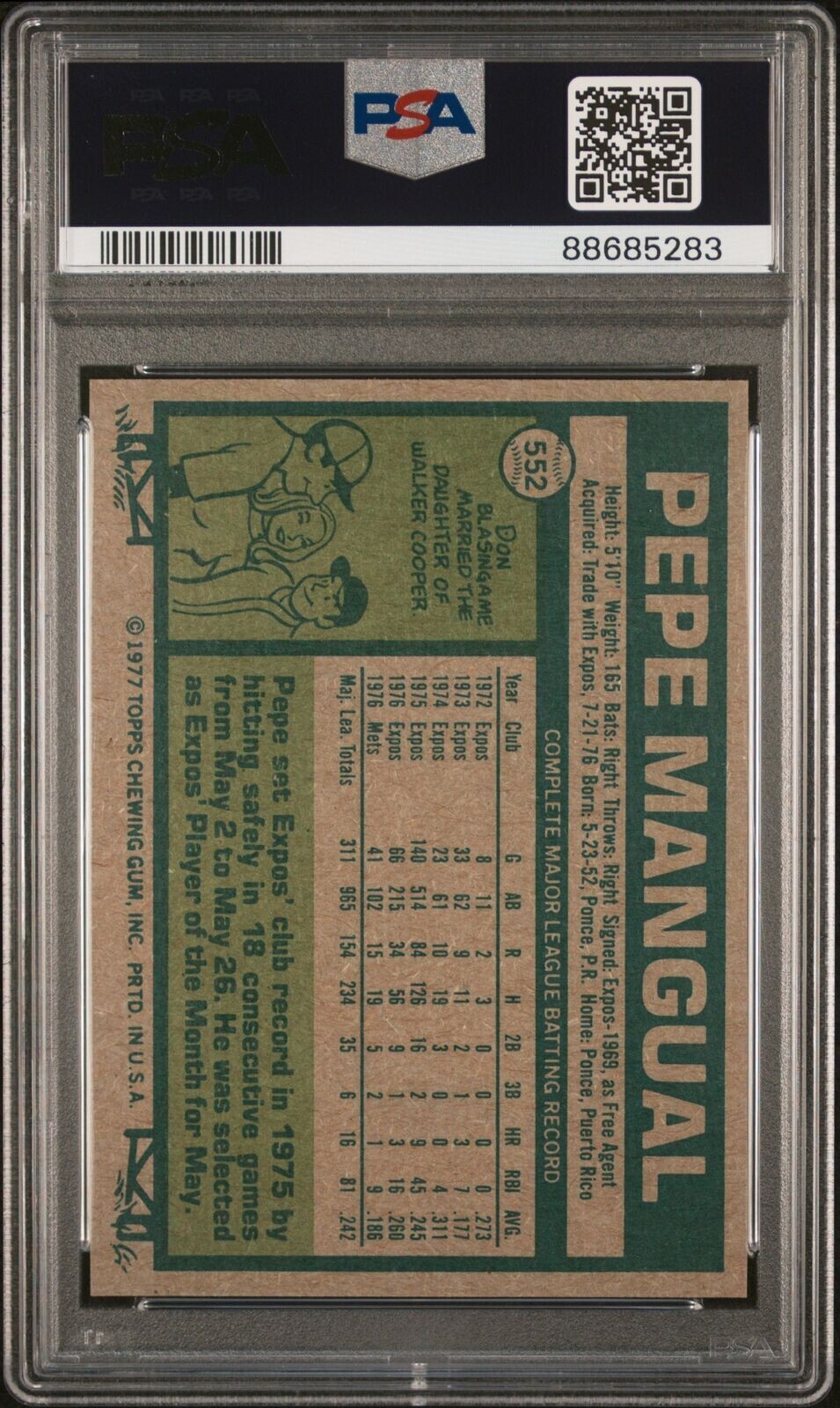 1977 TOPPS #552 PEPE MANGUAL METS PSA 10 (Pop 14)!