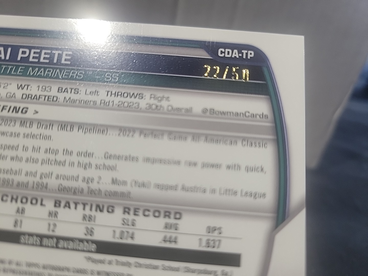 🐦‍🔥 2023 Bowman Draft Chrome Prospect Auto Tai Peete #CDA-TP Gold Wave #22/50