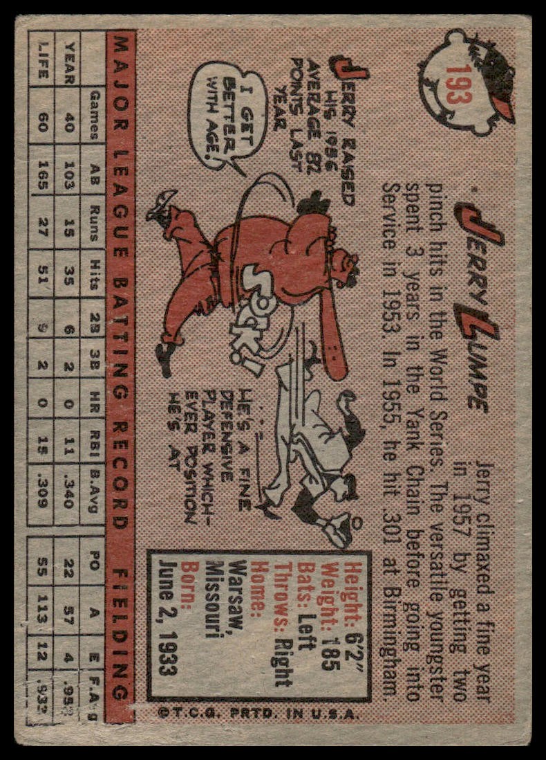 1958 Topps Jerry Lumpe #193 Rookie New York Yankees – Excellent