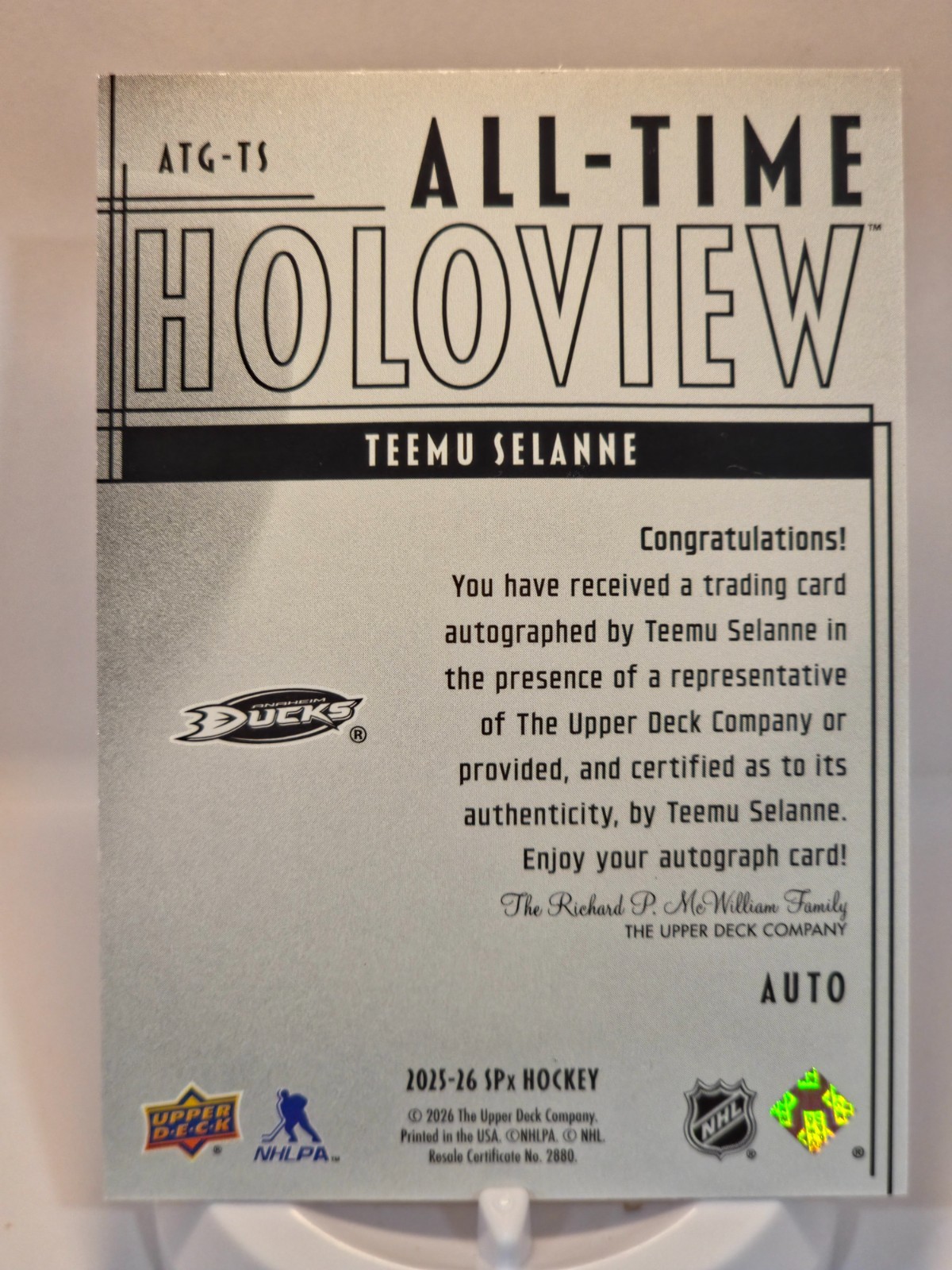2025-26 Upper Deck SPx Teemu Selanne All Time Holoview 2/10 Auto SSP Anaheim