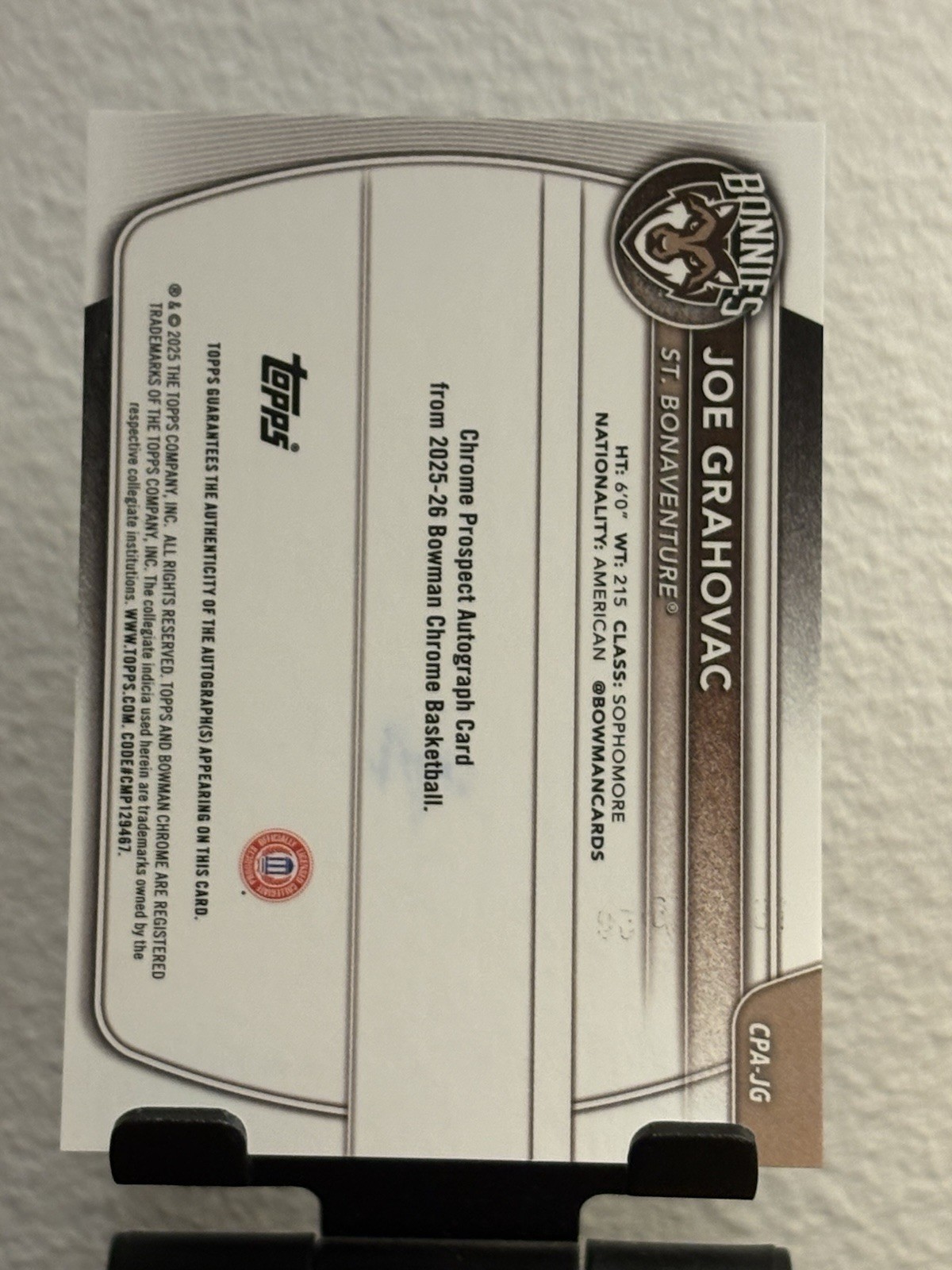 2025-26 Bowman Chrome University Joe Grahovac 1st Auto /250 Purple Refractor RC