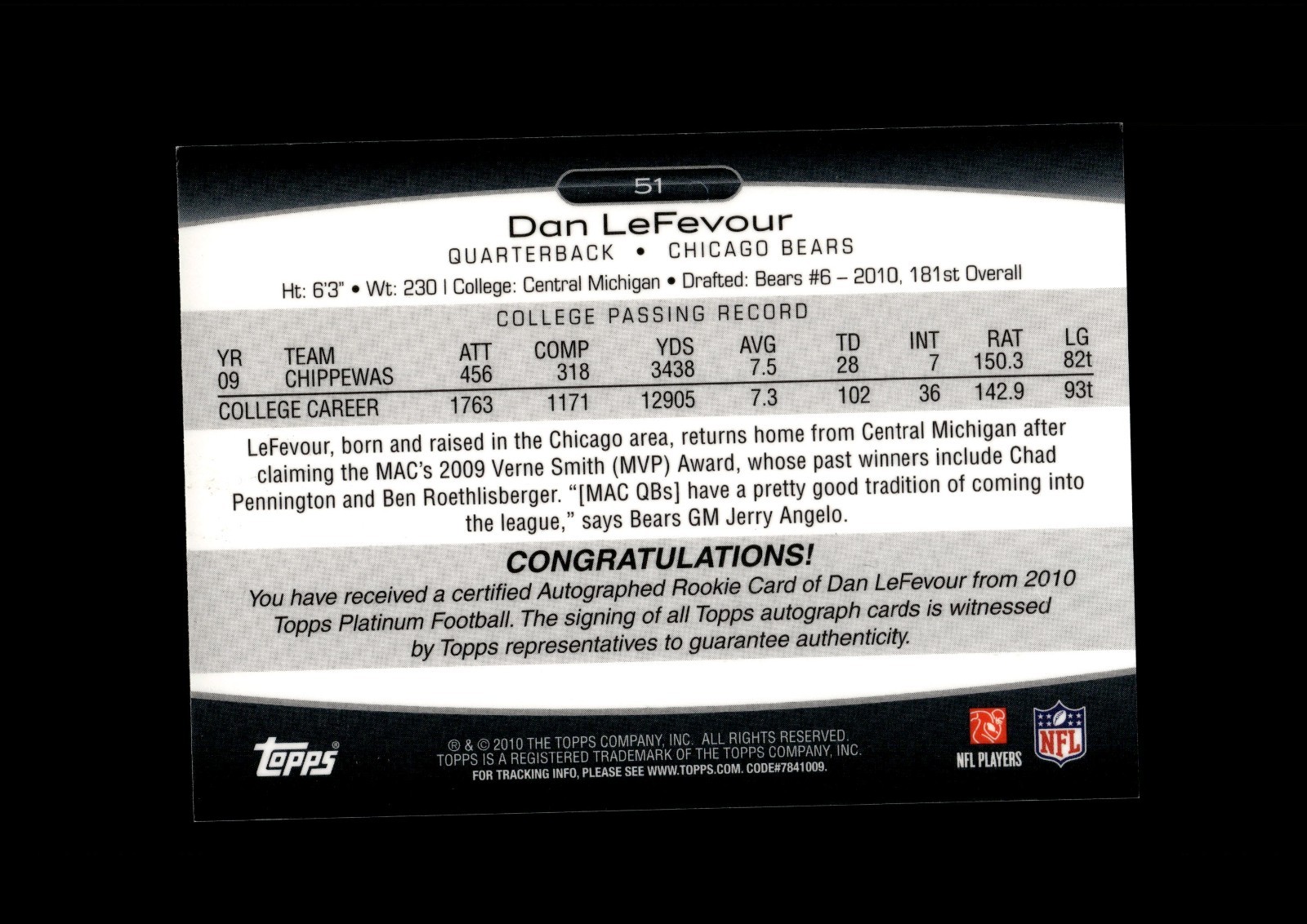 2010 Topps Platinum Rookie Autograph #51 Dan LeFevour RC 931/1225 Chicago Bears