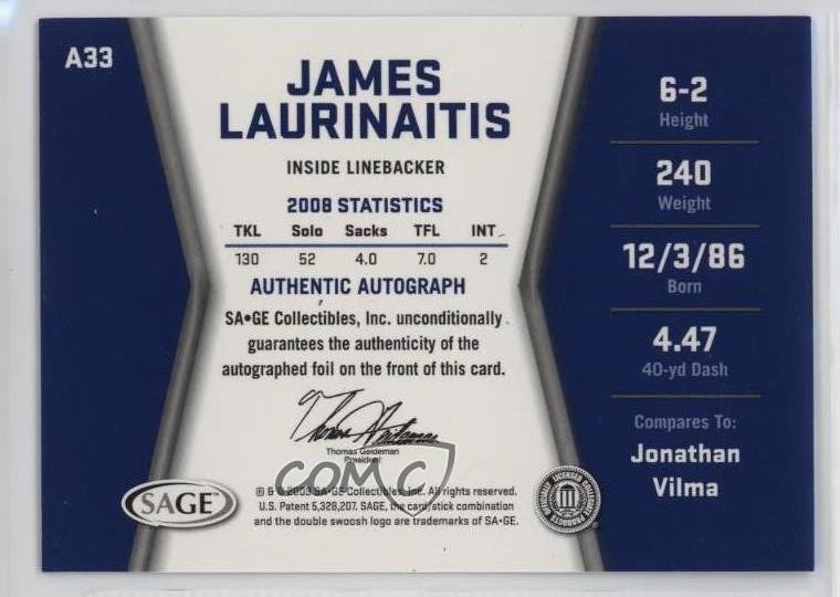 2009 SAGE Hit Gold /250 James Laurinaitis #A33 Rookie Auto RC 00jz