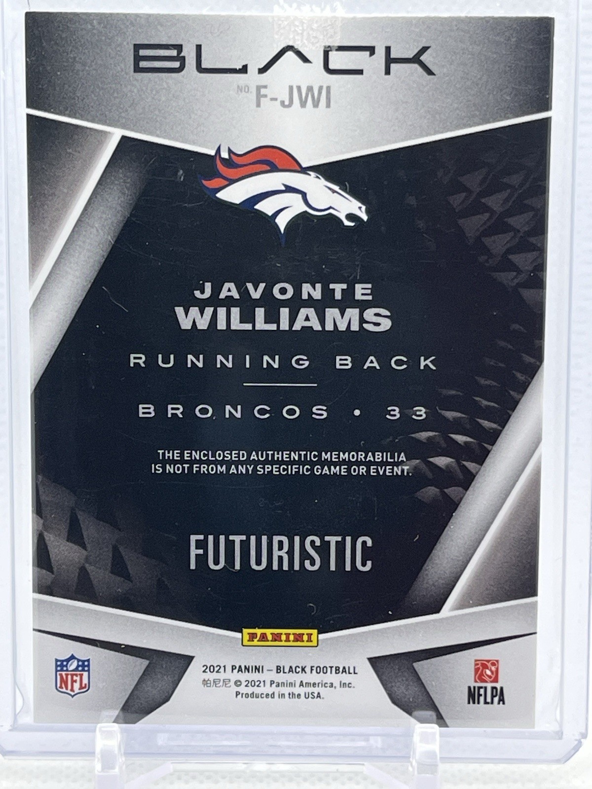 2021 Panini Black Futuristic # F-JWI Javonte Williams Copper /50 (Mem, RC)