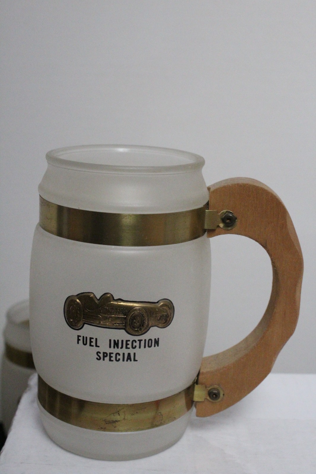 Set of 9 Siesta Ware Indy 500 Frosted Glass, Wood & Metal Mugs 1952-1960