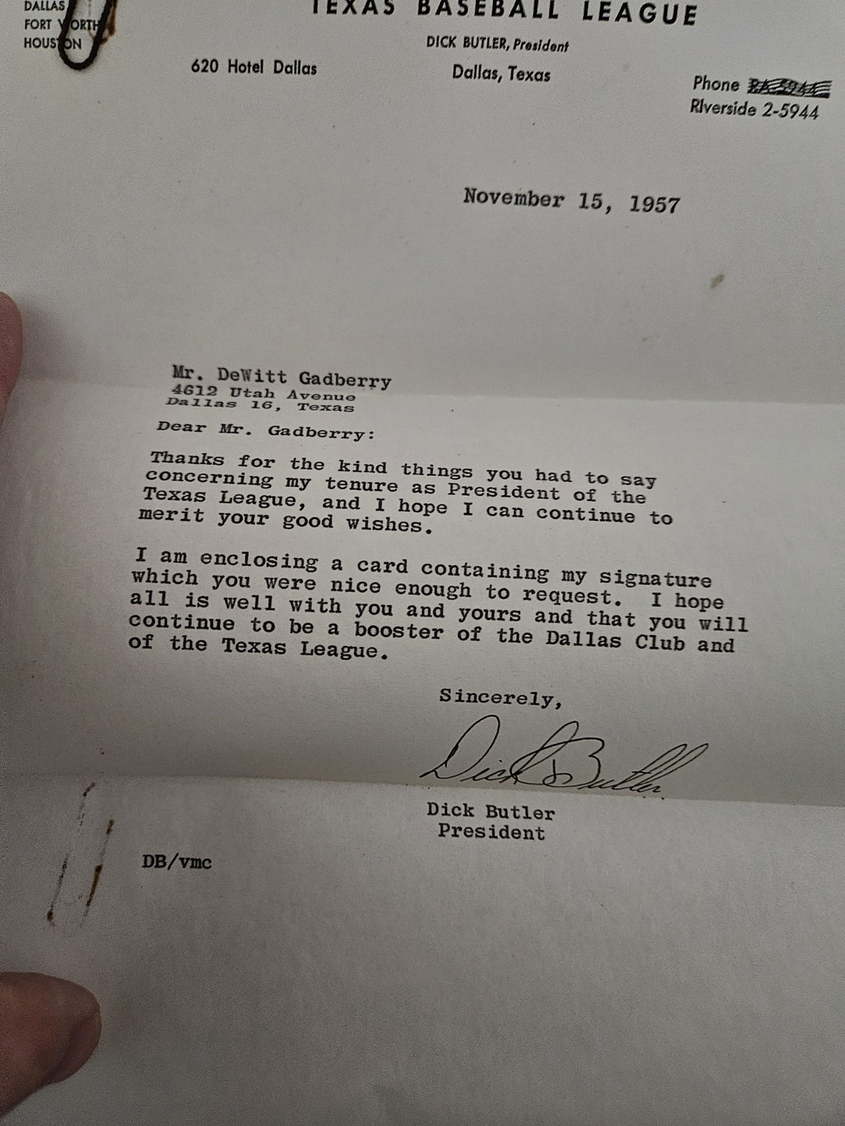 Texas Baseball League Letter Signed 1957