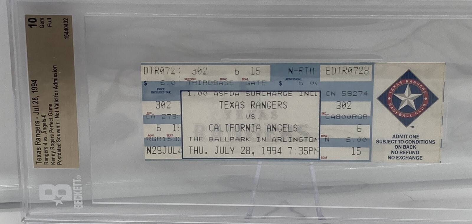 Kenny Rogers 1994 Perfect Game Full Ticket – Beckett (10)