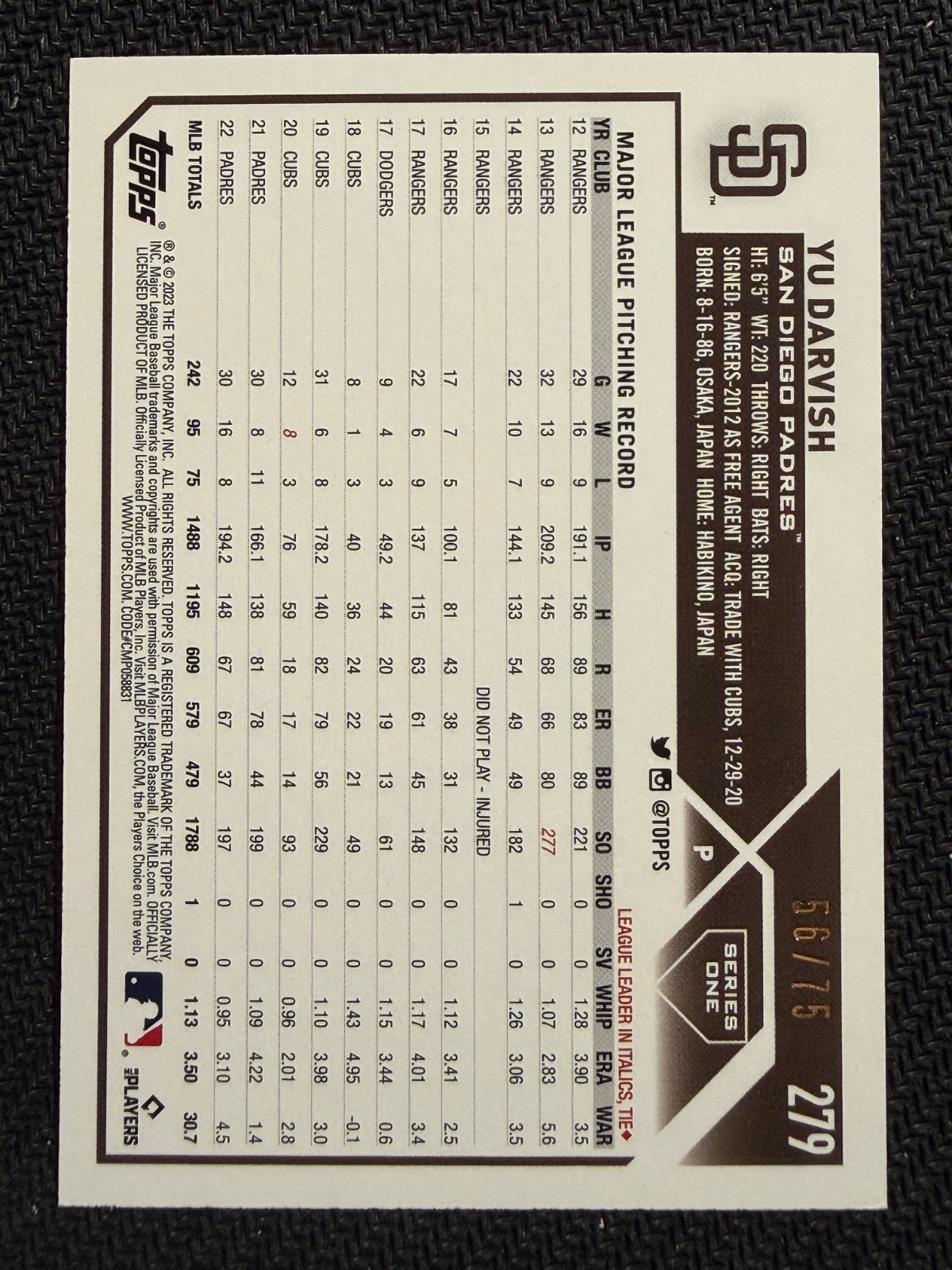 2023 Topps Series 1 1st Edition #279 – Yu Darvish Orange Foil #56/75 Padres