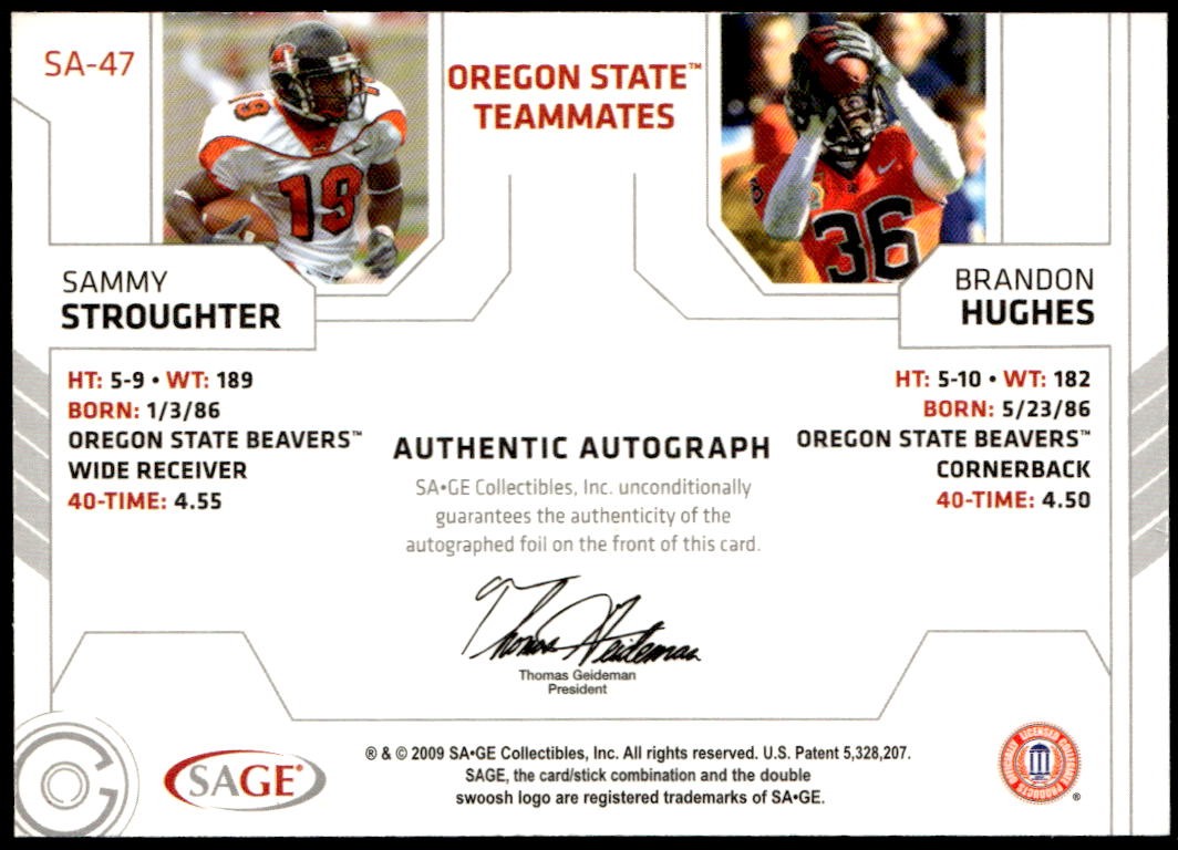2009 SAGE Squared #SA-47 Sammie Stroughter / Brandon Hughes Dual Autographs E1