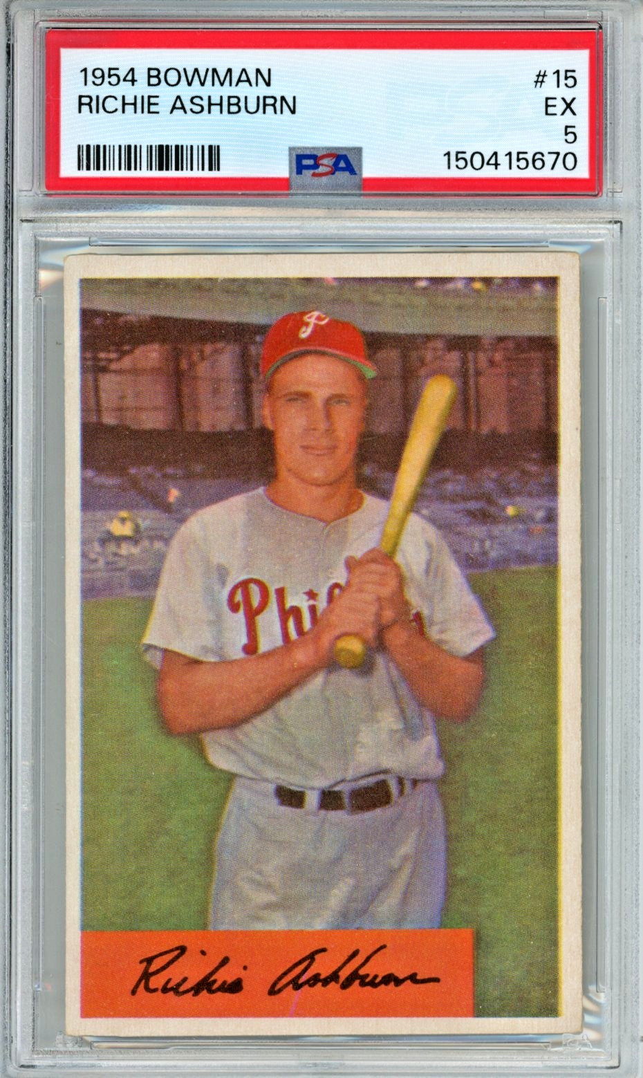 1954 Bowman Richie Ashburn baseball card, graded EX 5, #15 in the set Phillies
