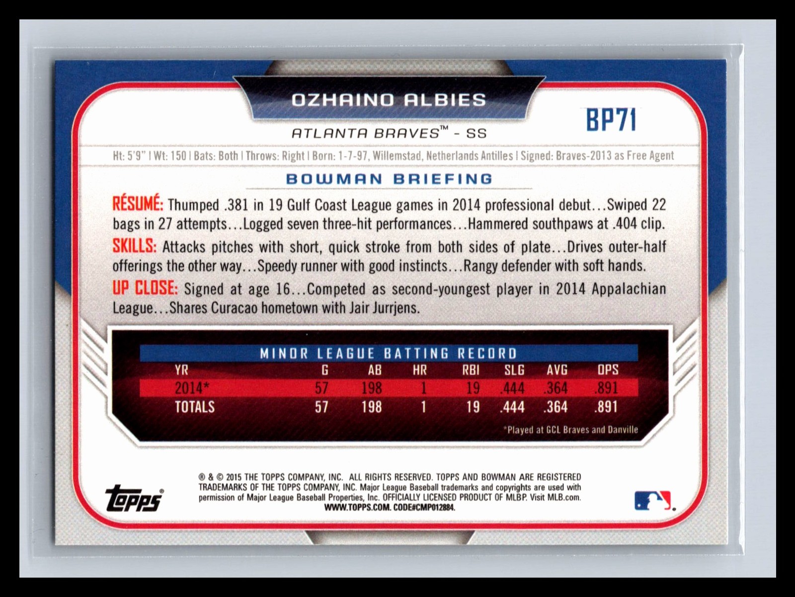 2015 Bowman #BP71 Ozhaino Albies 1st Paper Prospects Rookie RC Atlanta Braves