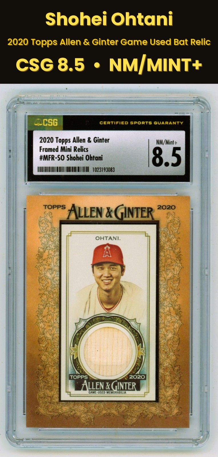 Shohei Ohtani 2020 Topps Allen & Ginter Mini Framed Game Used Bat Relic CSG 8.5