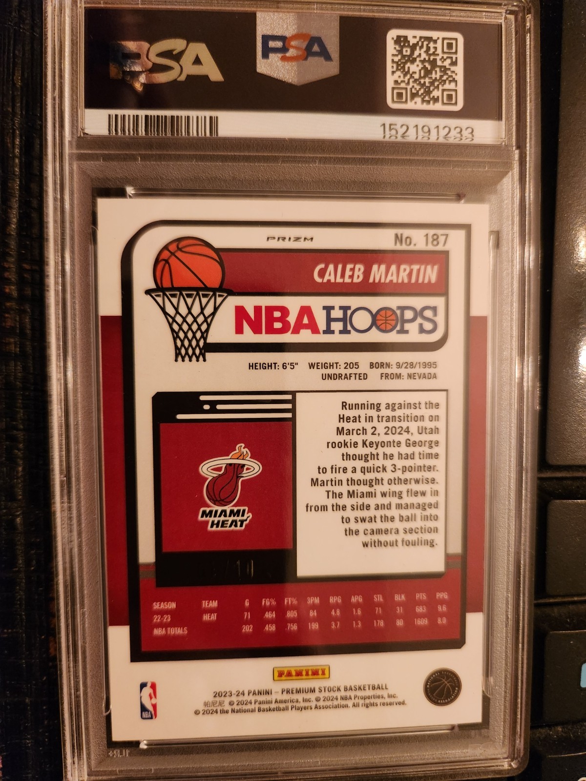 2023 Panini Hoops Premium Caleb Martin #187 1/10 Gold Disco Prizm PSA 9 Mint