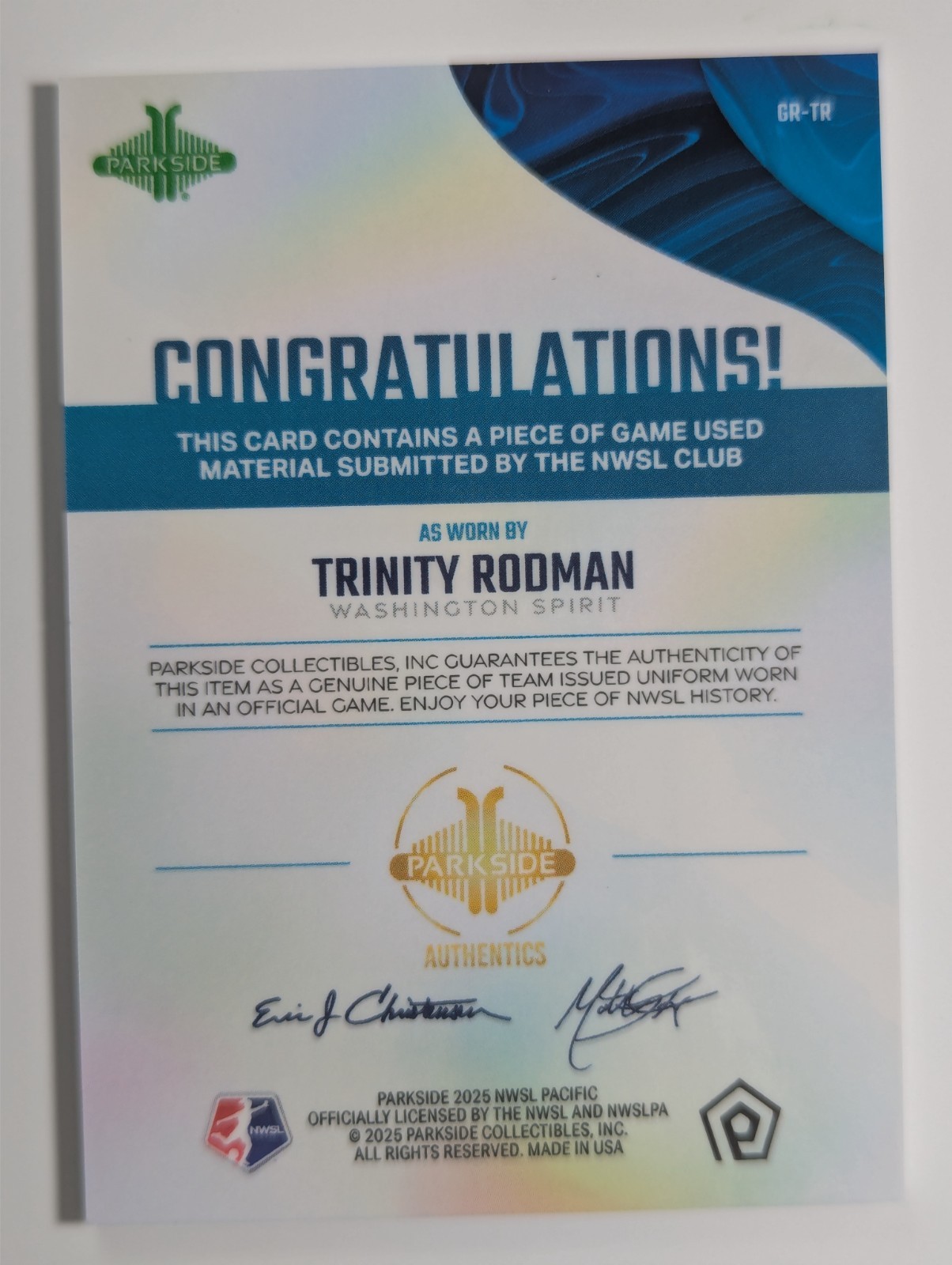 2025 Parkside NWSL Pacific Trinity Rodman Game Worn Relic QTY