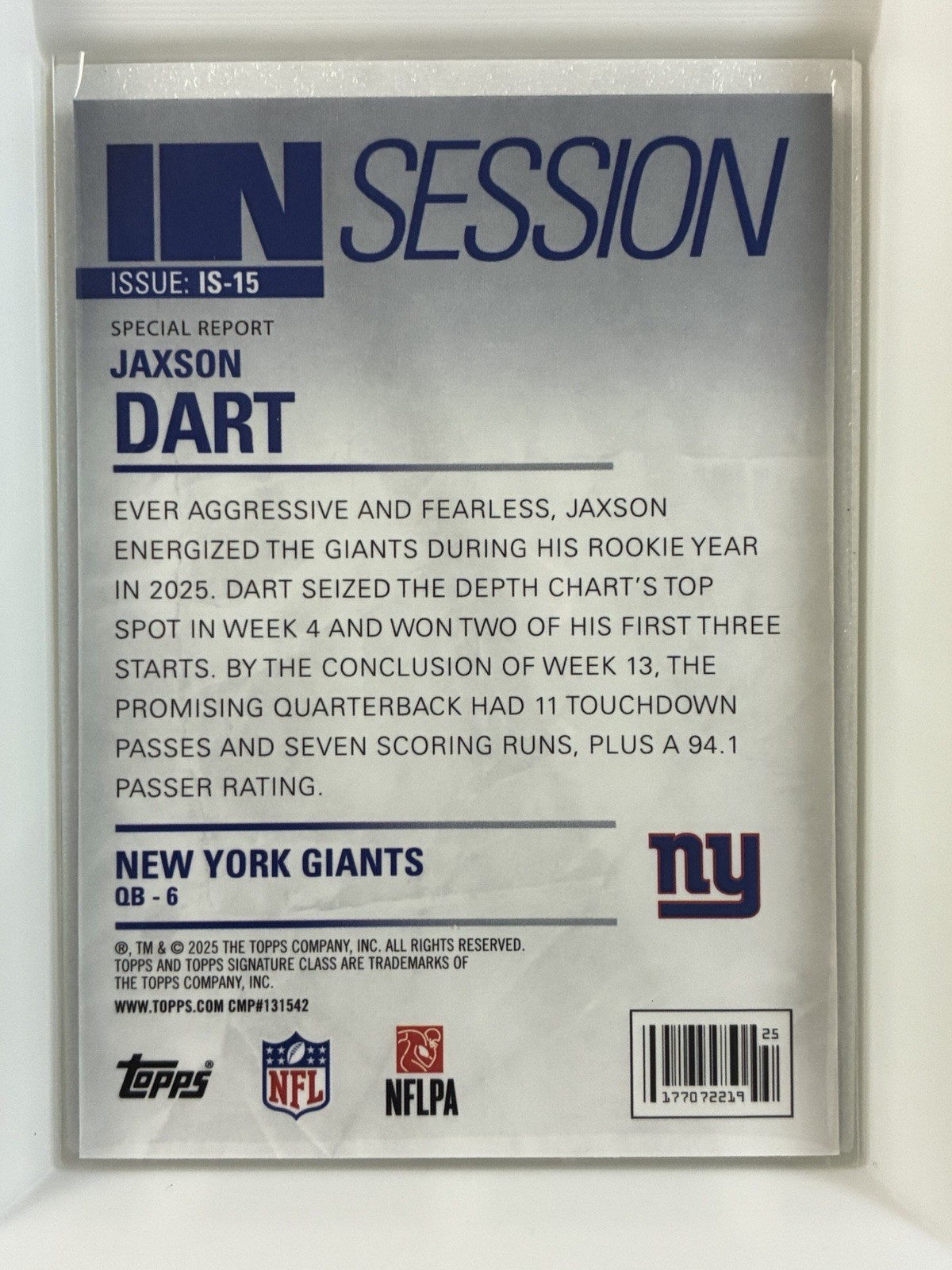 2025 Topps Signature Class – Jaxson Dart RC #IS-15 In Session New York Giants
