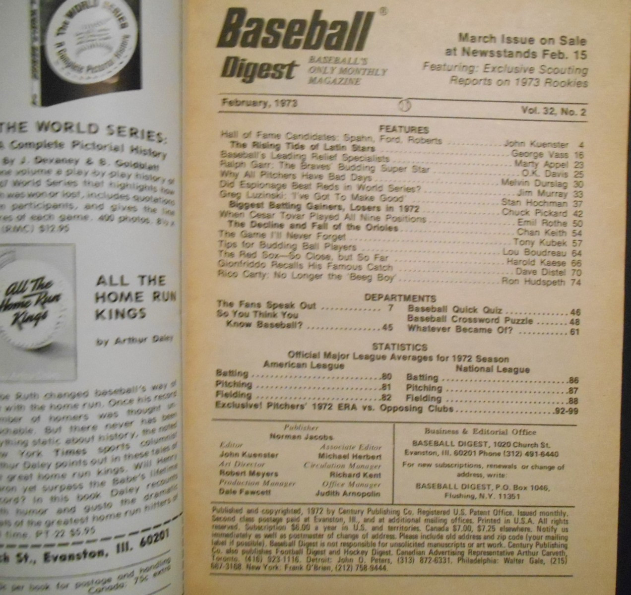 February 1973 Baseball Digest Latin Stars Cesar Cedeno Newsstand Near Mint