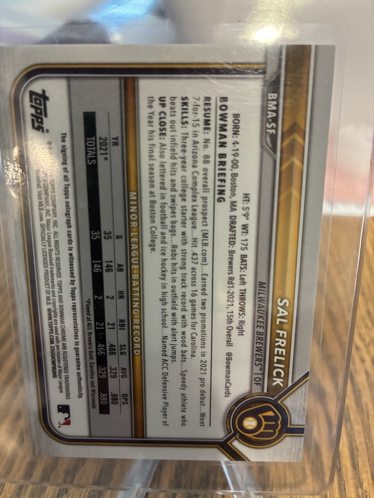 Topps 2022 Bowman Sal Frelick Mega Box Chrome Mojo Rookie Auto #BMA-SF Brewers