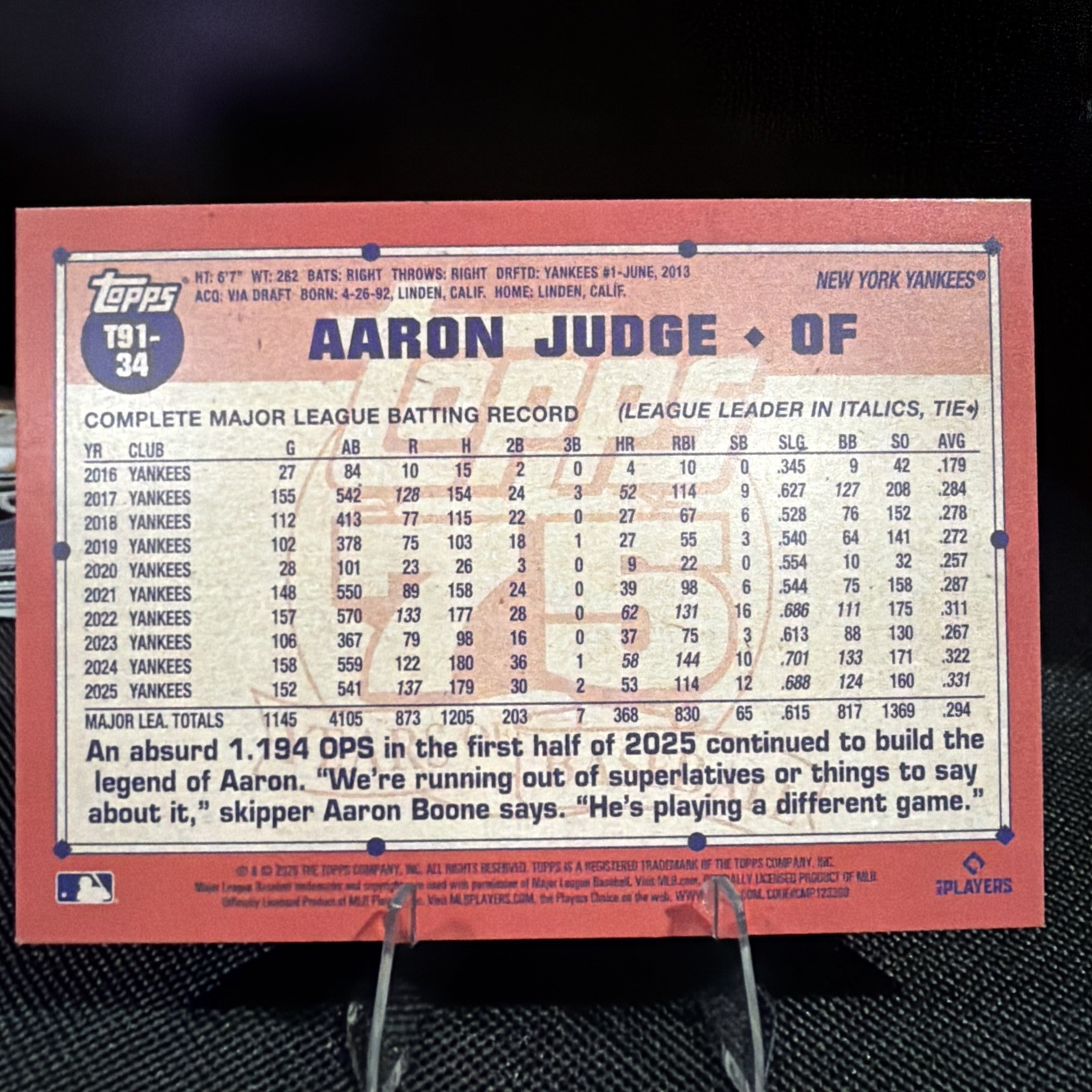 2025 Topps 75 Years of Baseball Aaron Judge T91-34 Silver Sparkle Foil Yankees