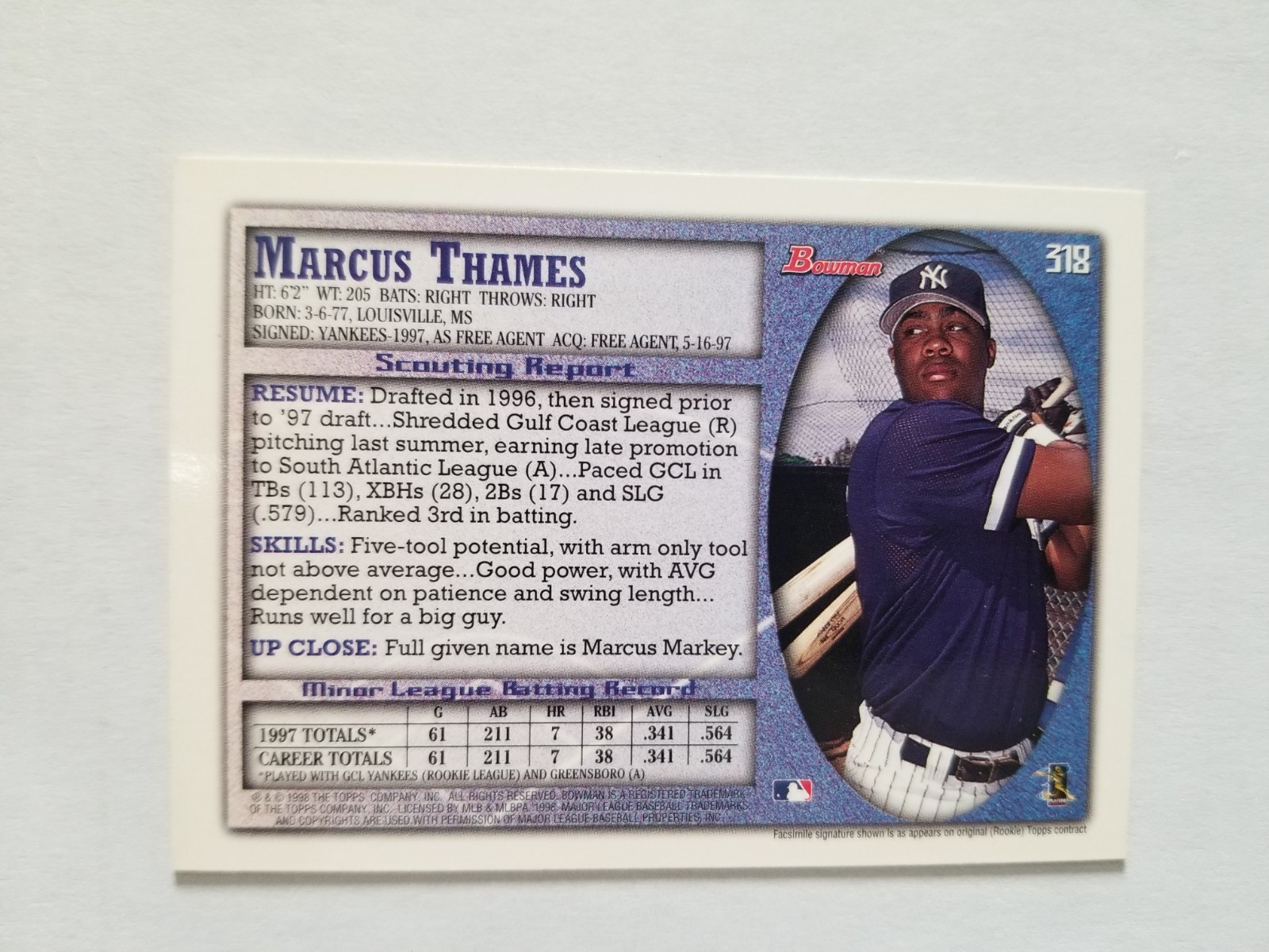 1998 Bowman – Marcus Thames #318 (RC) New York Yankees Rookie