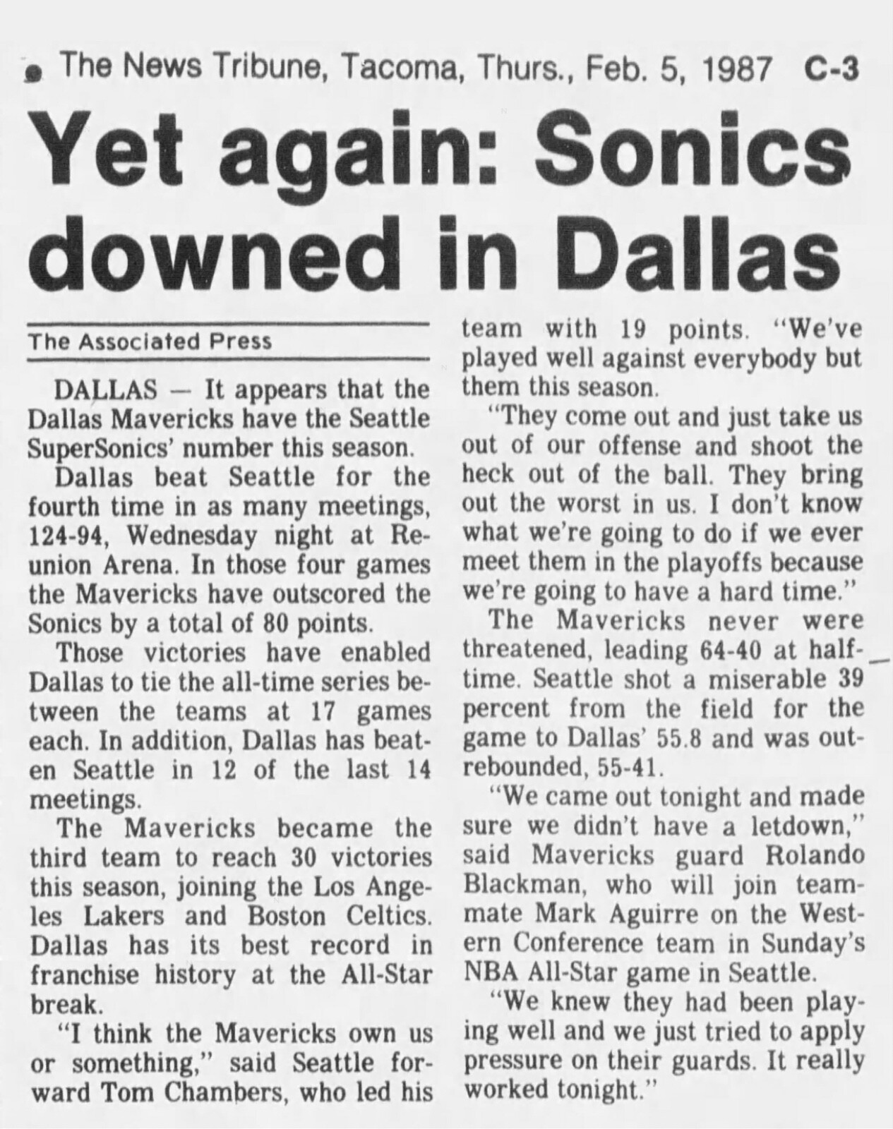 Mark Aguirre 23pt Ticket FULL 2-4-1987 Mavericks Sonics Xavier McDaniel 16pt12rb