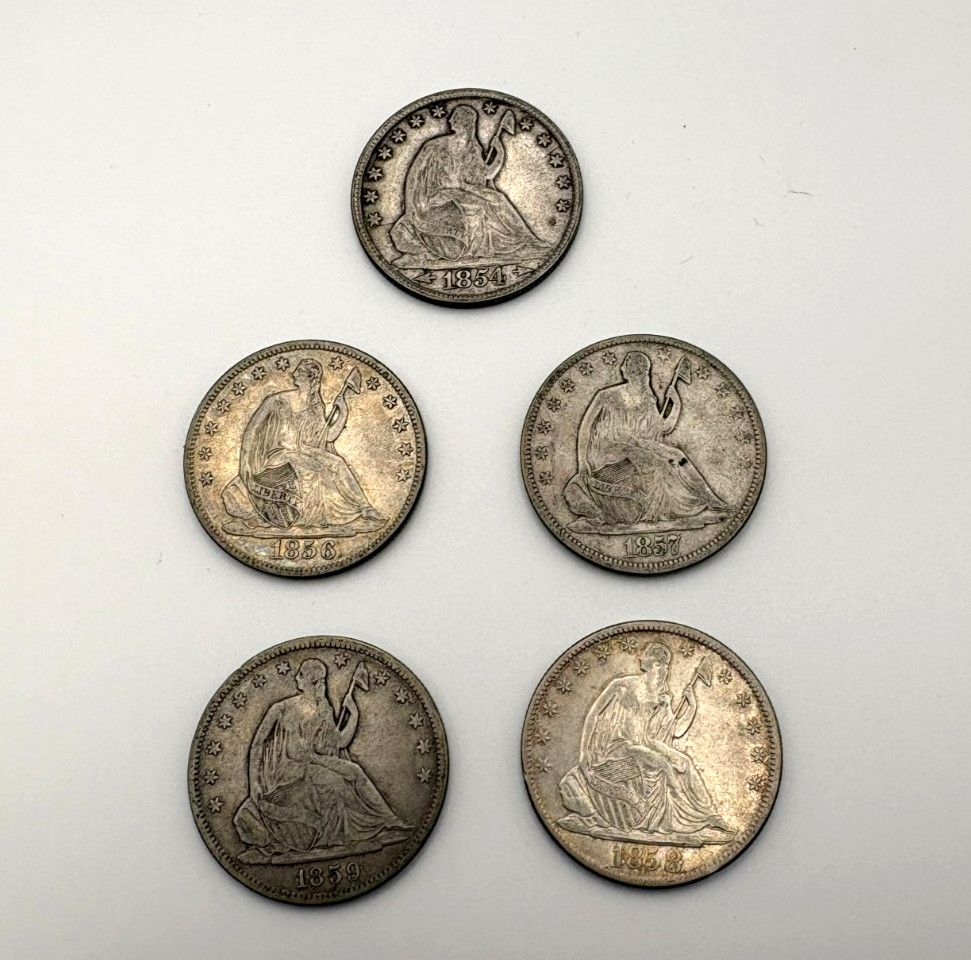 Lot of 5 Seated Liberty Half DoIlars 1854-1859 United States